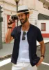 Men Textured Lapel Collar Cardigan Short Sleeve V-Neck Button-up Knitwear sold by Paul Jones