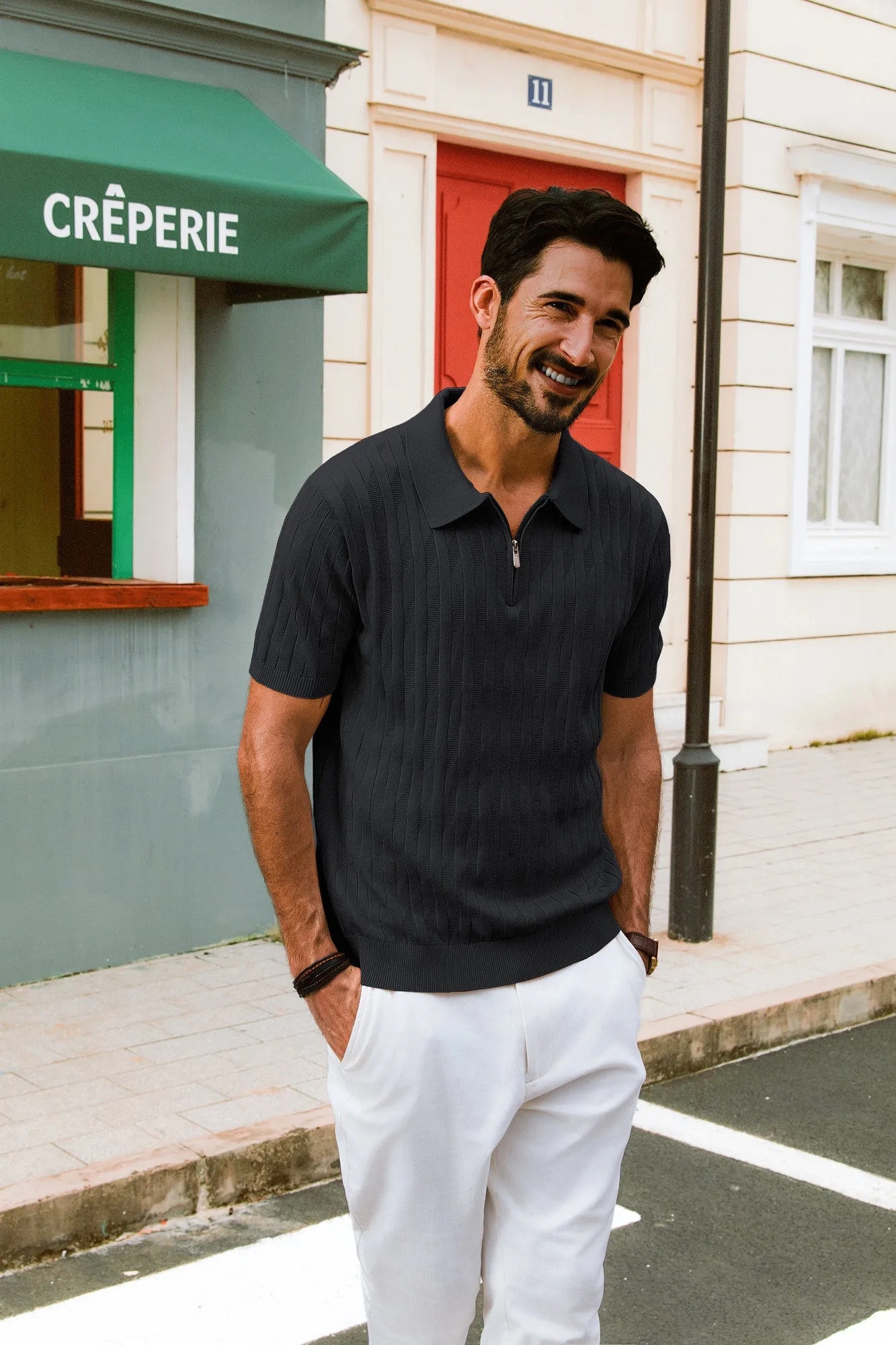 Men Textured Knitted Polo-Shirt Short Sleeve Lapel Collar Zip-up Neck Tops sold by Paul Jones product image thumbnail 5