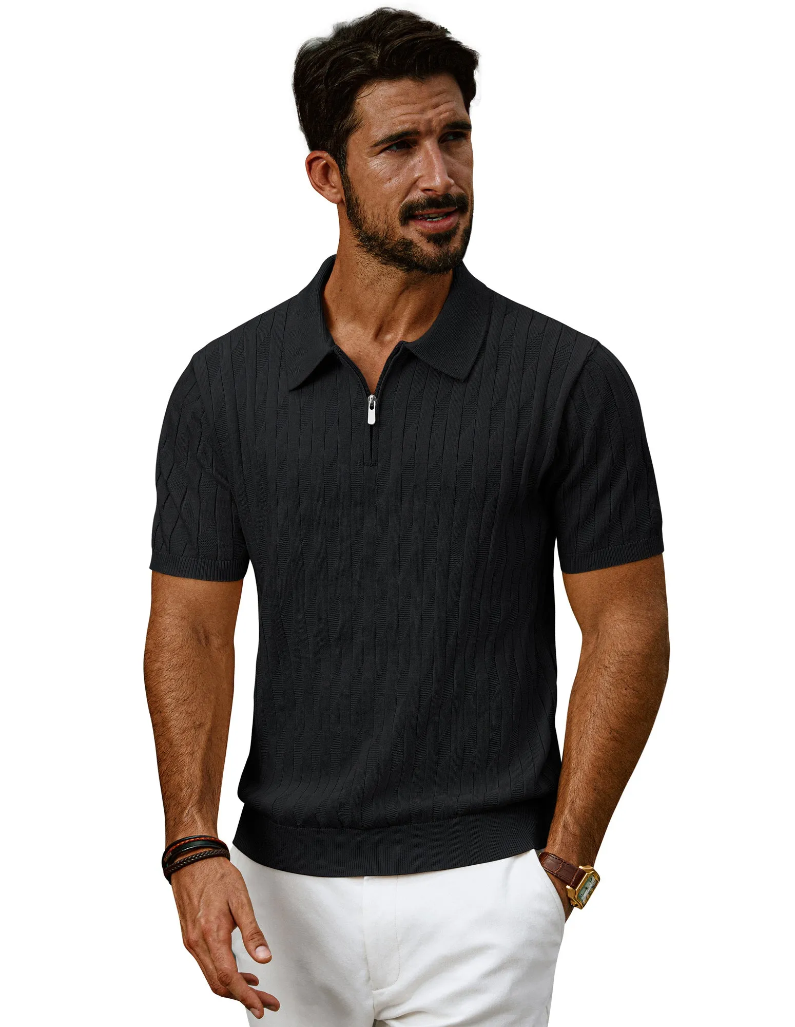 Men Textured Knitted Polo-Shirt Short Sleeve Lapel Collar Zip-up Neck Tops sold by Paul Jones