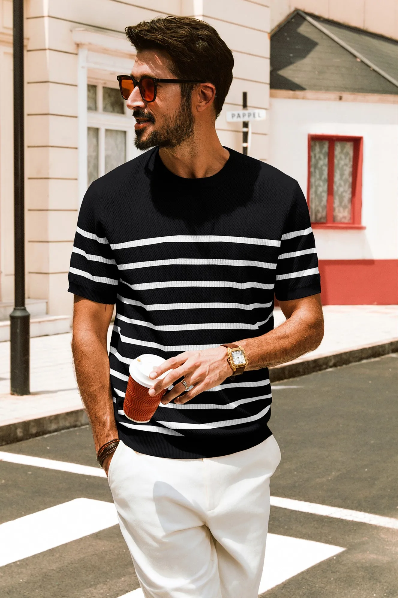 Men Striped Knitted T-Shirt Short Sleeve Crew Neck Ribbed Cuff Knitwear Tops sold by Paul Jones