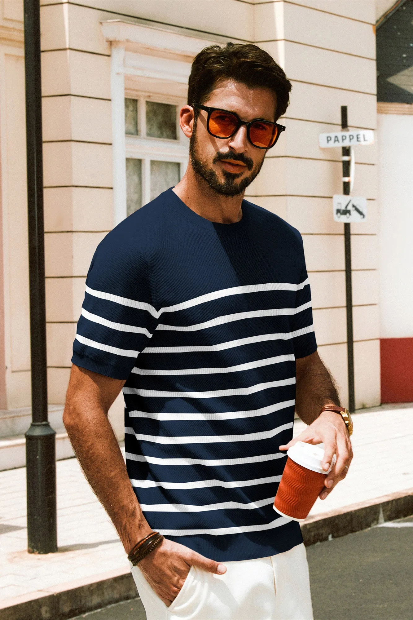 Men Striped Knitted T-Shirt Short Sleeve Crew Neck Ribbed Cuff Knitwear Tops sold by Paul Jones product image thumbnail 2