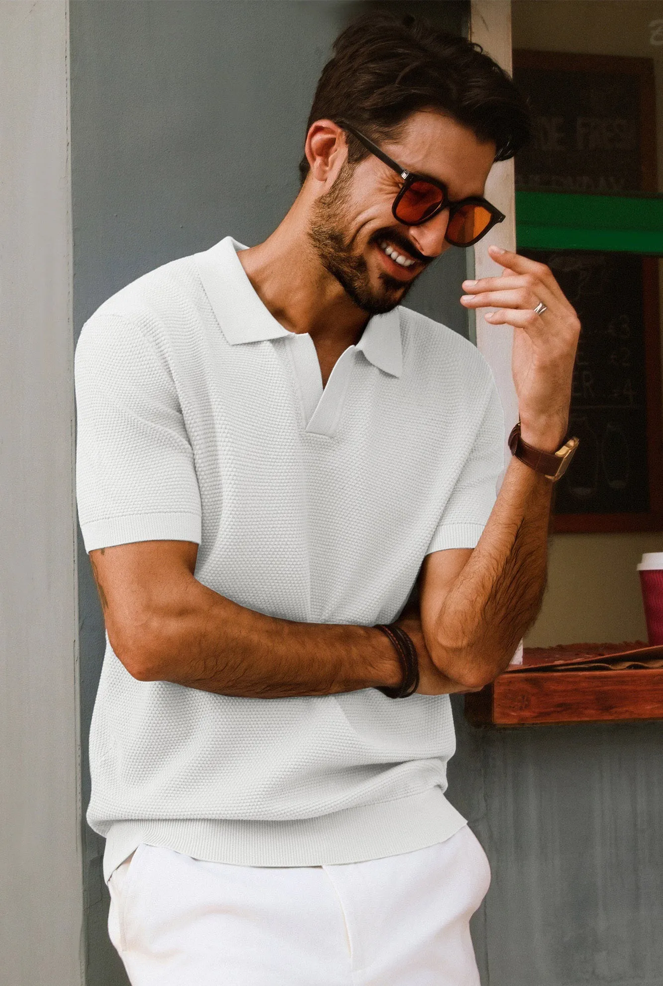 Men Pineapple Textured Polo-Shirt Short Sleeve Lapel Collar Knitwear Tops sold by Paul Jones