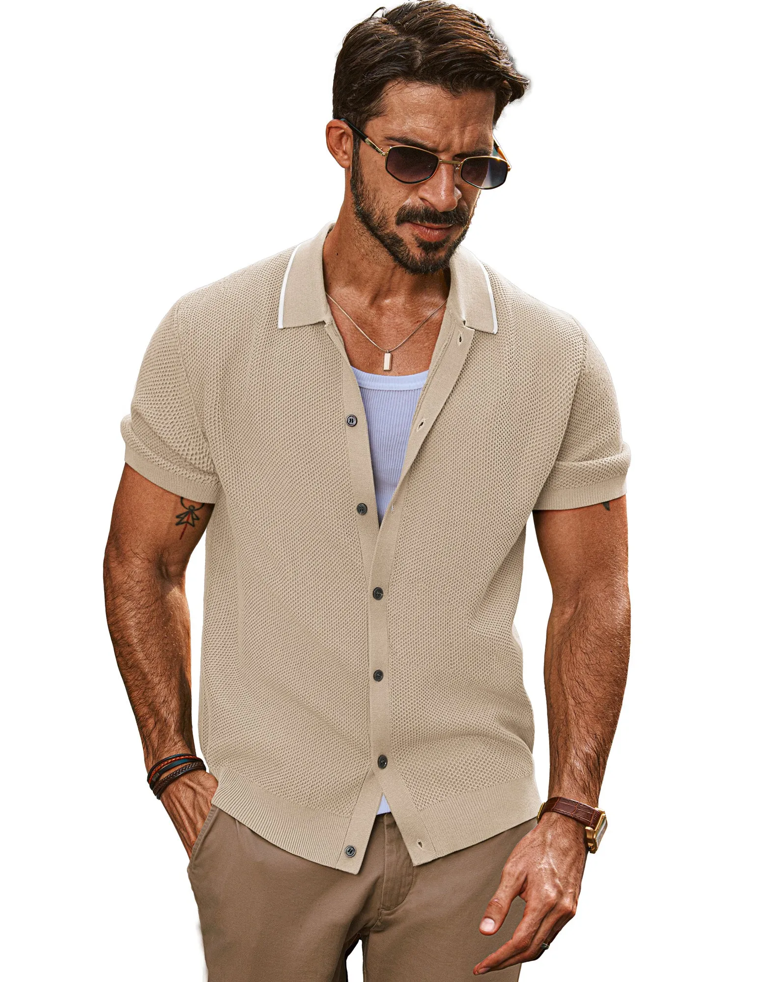 Men Textured Cardigan Short Sleeve Lapel Collar Button-up Sweater Knitwear sold by Paul Jones product image thumbnail 3