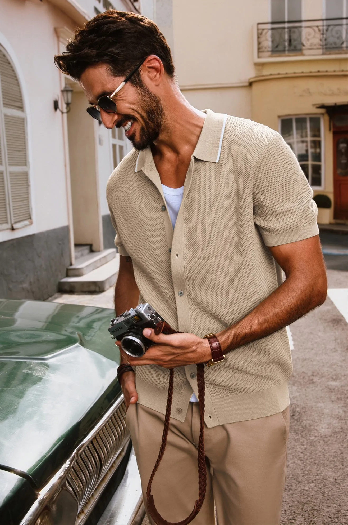 Men Textured Cardigan Short Sleeve Lapel Collar Button-up Sweater Knitwear sold by Paul Jones product image thumbnail 4