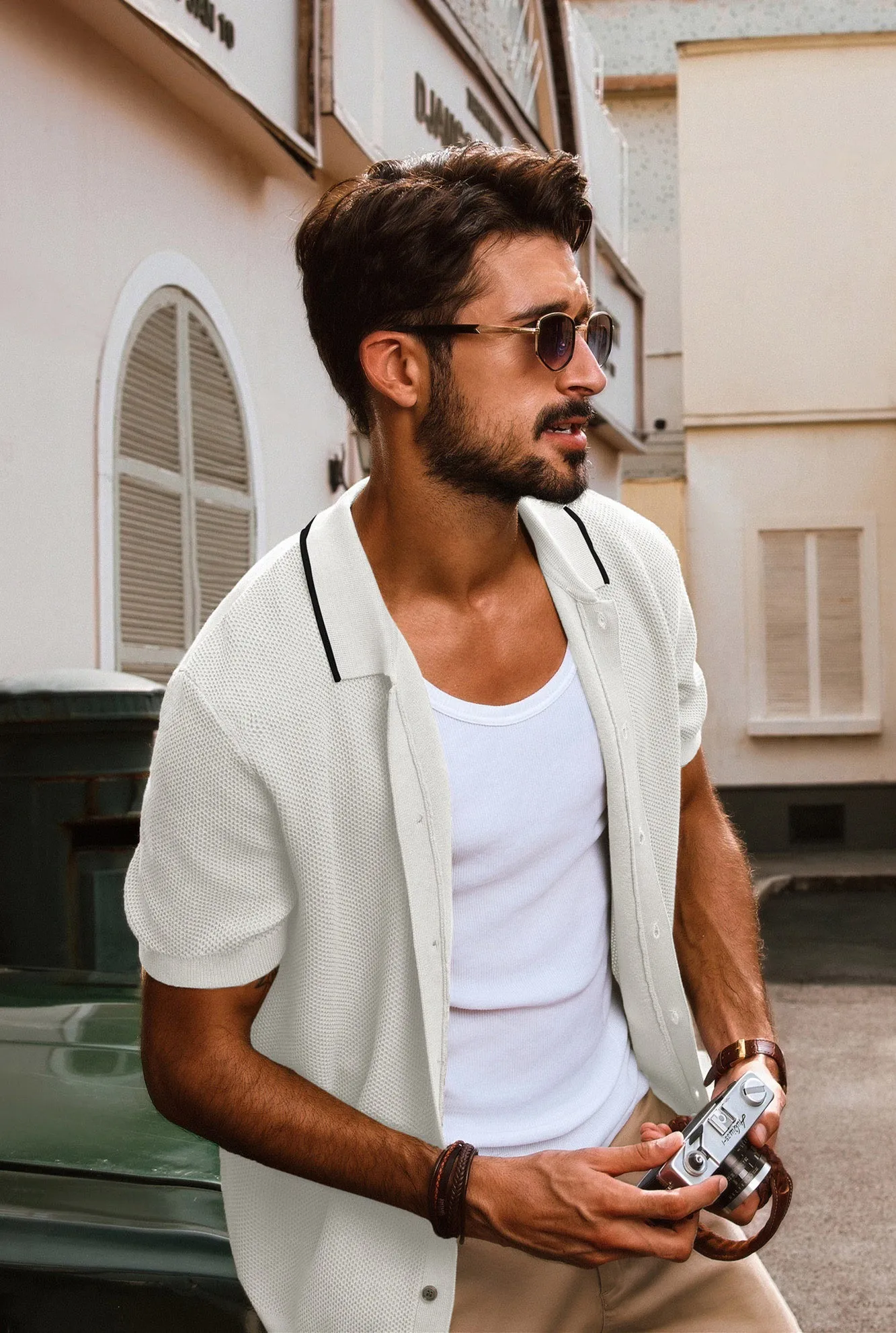 Men Textured Cardigan Short Sleeve Lapel Collar Button-up Sweater Knitwear sold by Paul Jones product image thumbnail 2