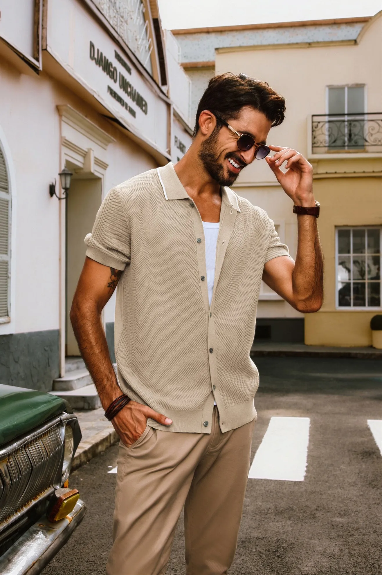 Men Textured Cardigan Short Sleeve Lapel Collar Button-up Sweater Knitwear sold by Paul Jones