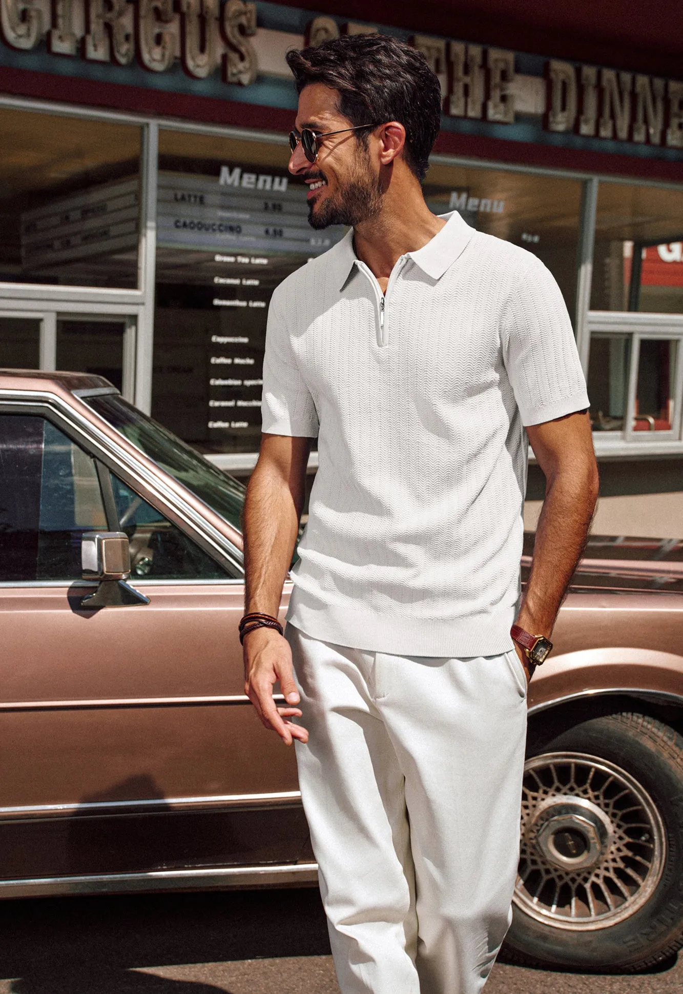 Men Herringbone Textured Tops Short Sleeve Lapel Collar Zip-up Neck Knitwear sold by Paul Jones product image thumbnail 4