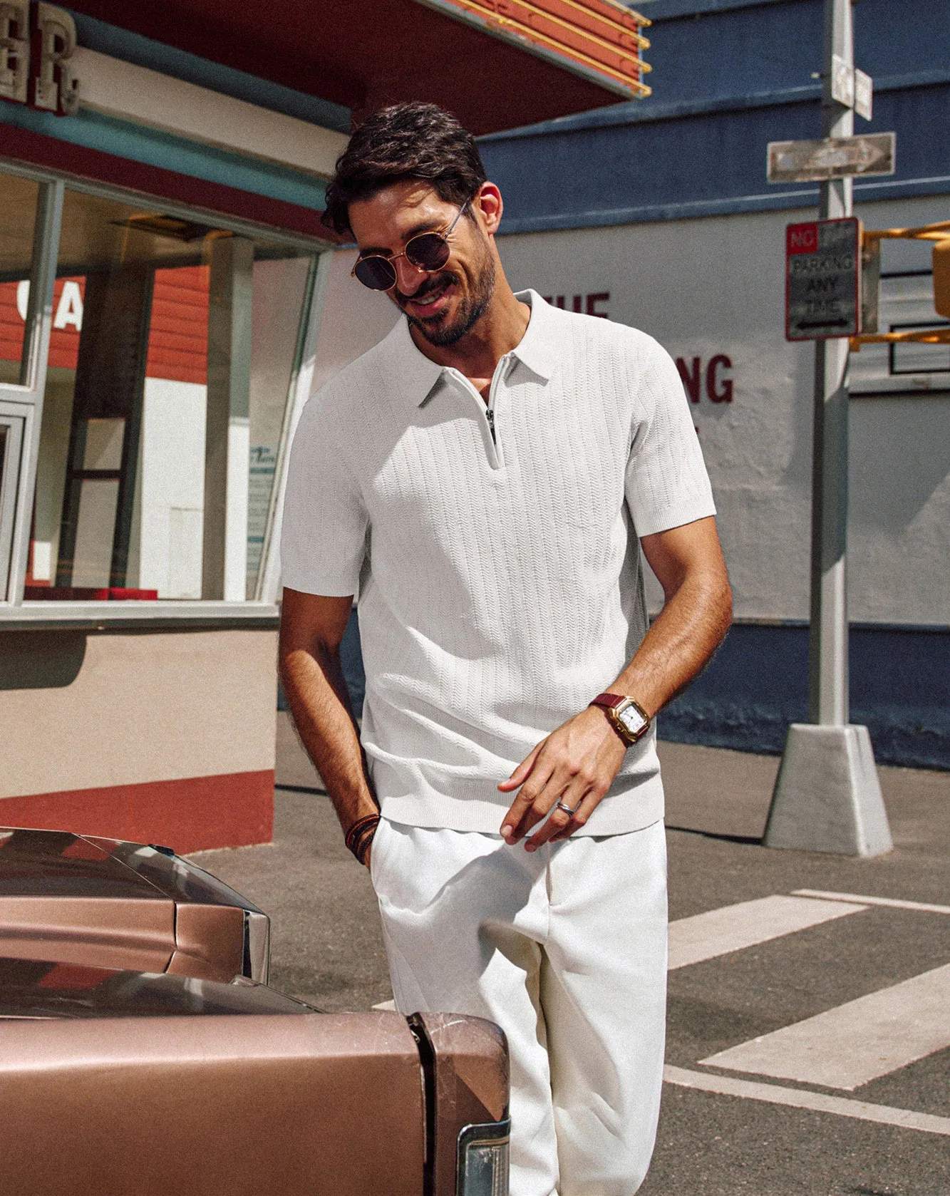 Men Herringbone Textured Tops Short Sleeve Lapel Collar Zip-up Neck Knitwear sold by Paul Jones