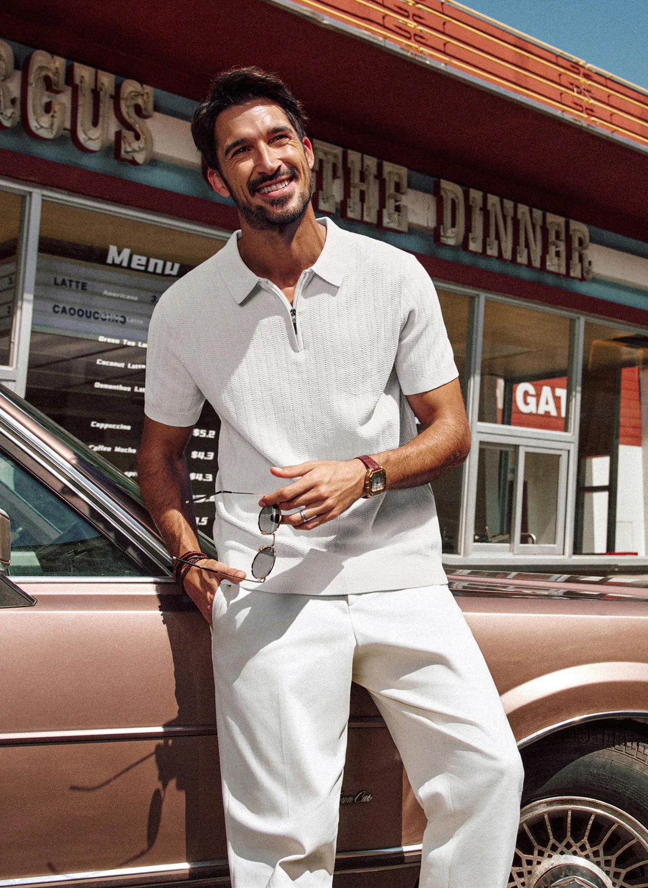 Men Herringbone Textured Tops Short Sleeve Lapel Collar Zip-up Neck Knitwear sold by Paul Jones product image thumbnail 2