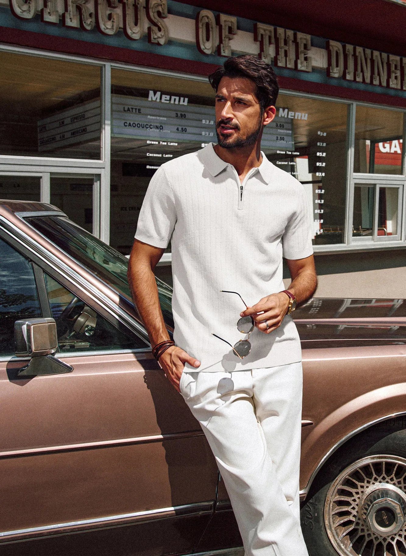 Men Herringbone Textured Tops Short Sleeve Lapel Collar Zip-up Neck Knitwear sold by Paul Jones product image thumbnail 3