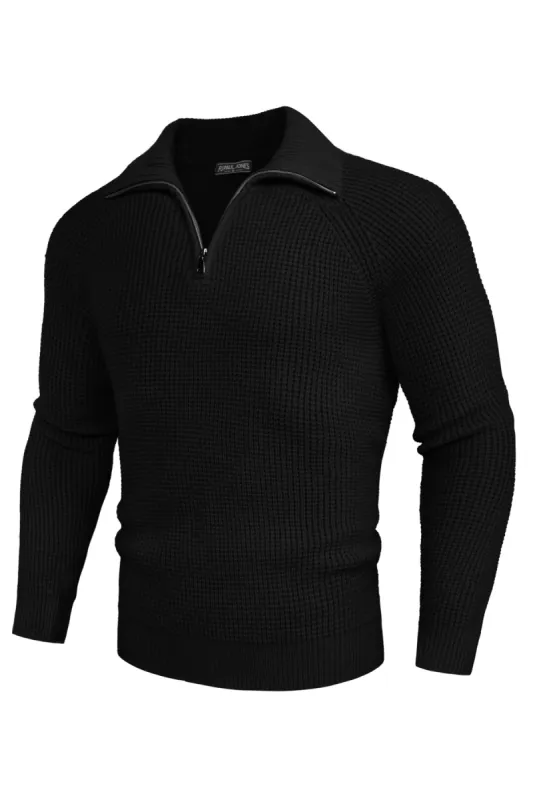 Men Waffle Textured Sweater Long Raglan Sleeve Lapel Collar Pullover sold by Paul Jones