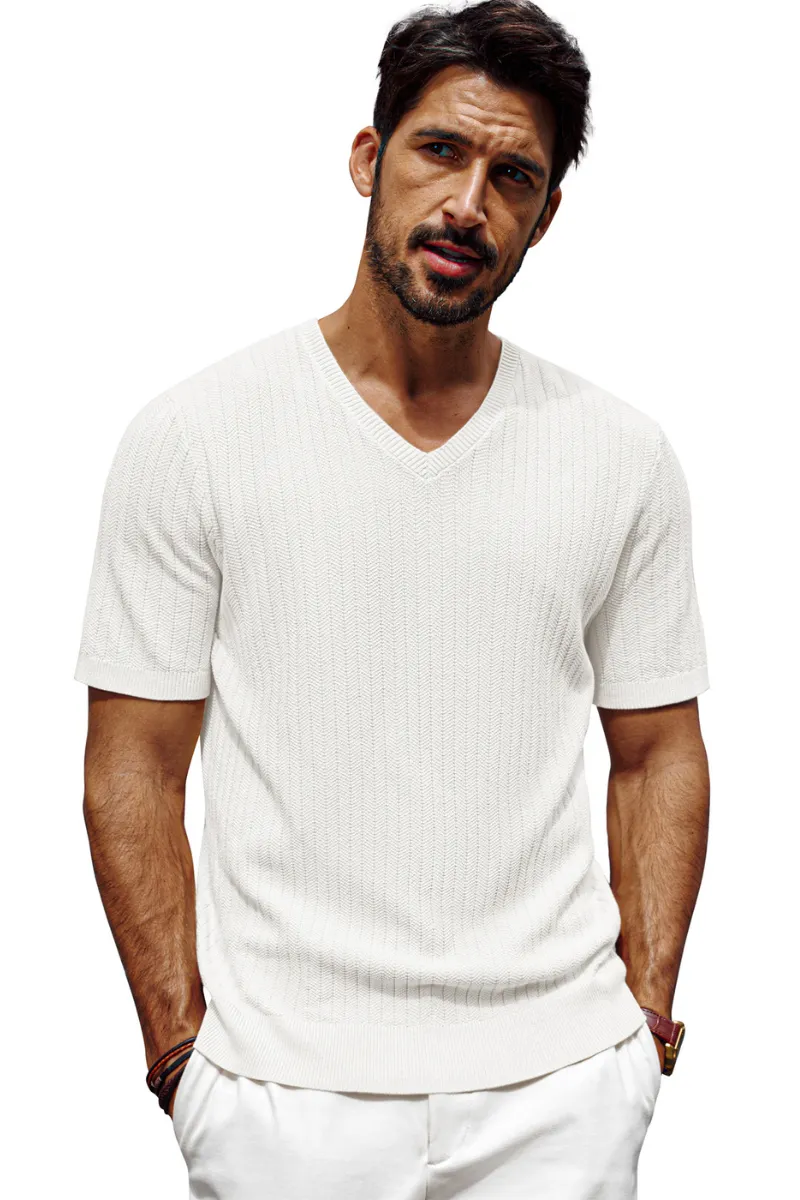 Men Textured Knitted T-Shirt Short Sleeve V-Neck Knitwear Sweater Tops sold by Paul Jones product image thumbnail 3