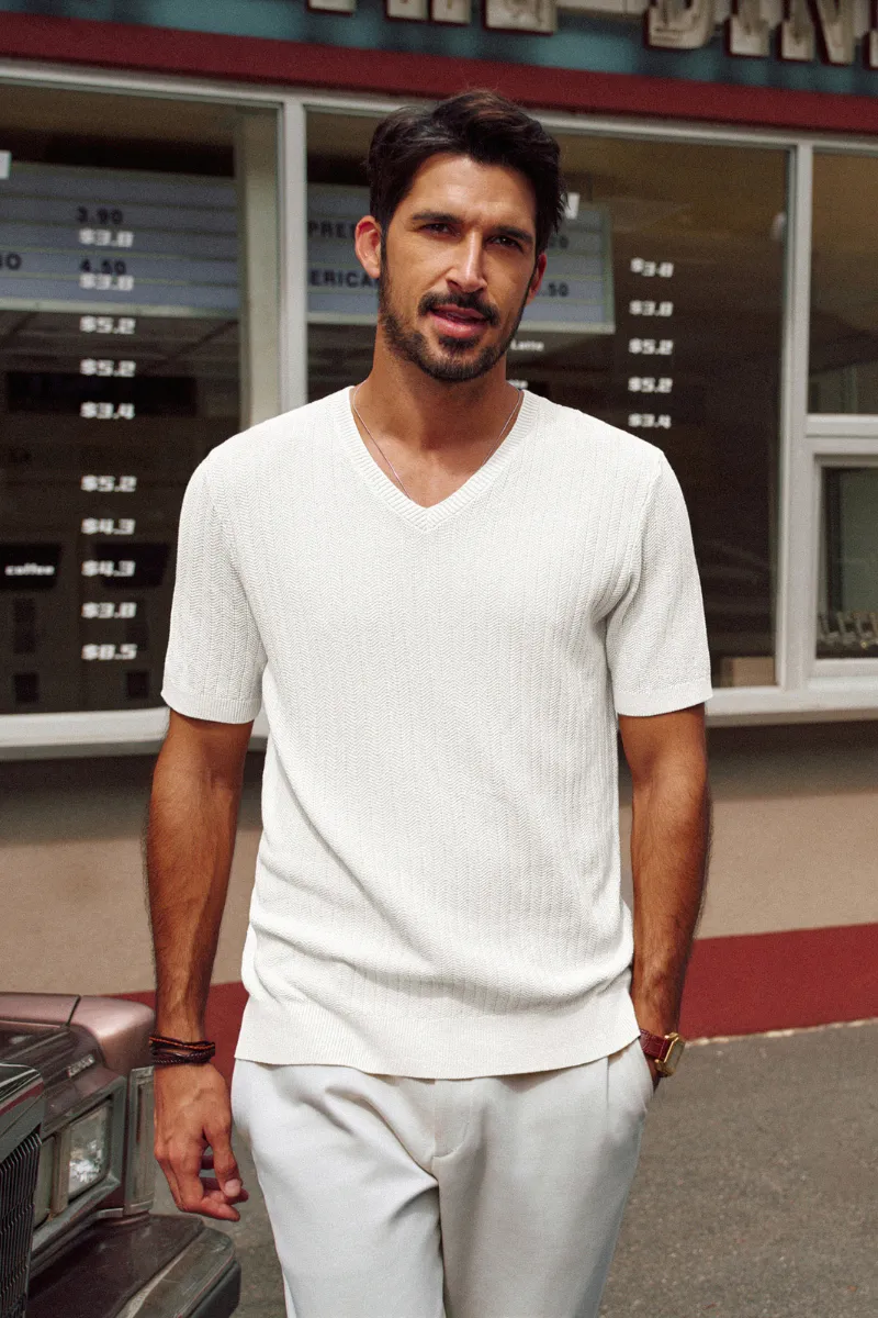 Men Textured Knitted T-Shirt Short Sleeve V-Neck Knitwear Sweater Tops sold by Paul Jones product image thumbnail 4