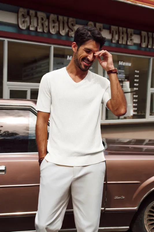 Men Textured Knitted T-Shirt Short Sleeve V-Neck Knitwear Sweater Tops sold by Paul Jones