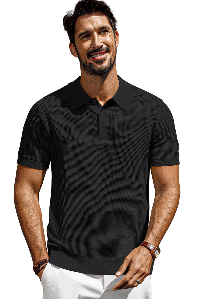 Men Waffle Textured Polo-Shirt Short Sleeve Lapel Collar Button-up Neck Tops sold by Paul Jones product image thumbnail 3