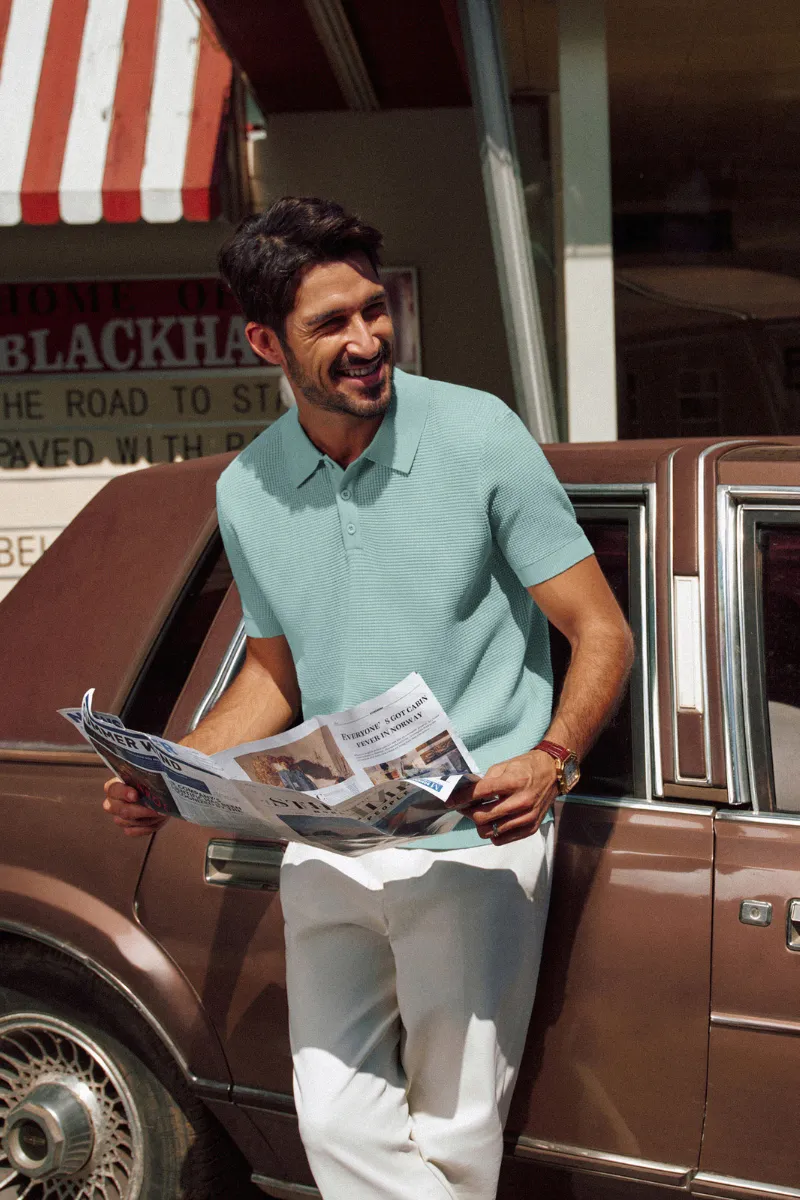 Men Waffle Textured Polo-Shirt Short Sleeve Lapel Collar Button-up Neck Tops sold by Paul Jones product image thumbnail 2