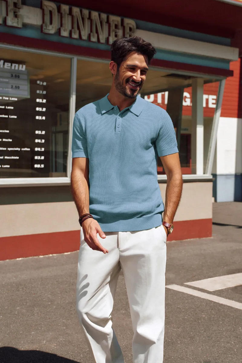 Men Waffle Textured Polo-Shirt Short Sleeve Lapel Collar Button-up Neck Tops sold by Paul Jones