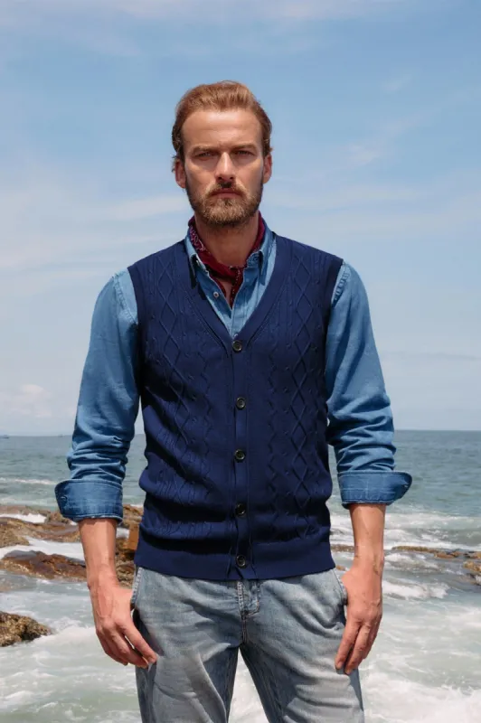 PJ Mens V-Neck Sweater Vest Cable Knitted Button-Up Sleeveless Cardigan Vests sold by Paul Jones