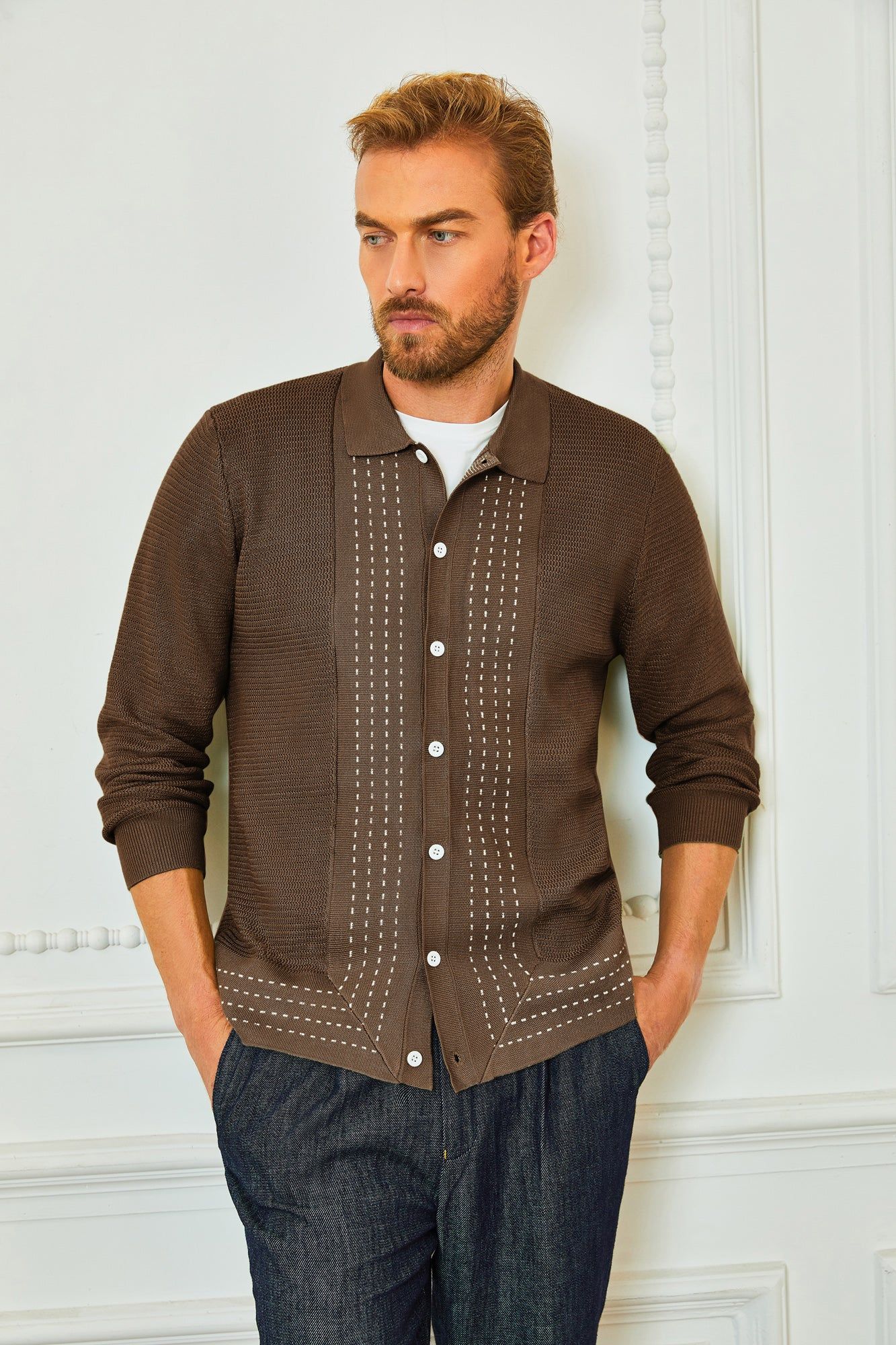 Mens Long Sleeve Button Down Knitted Cardigan Sweaters Stripe Polo Shirts sold by Paul Jones product image thumbnail 2