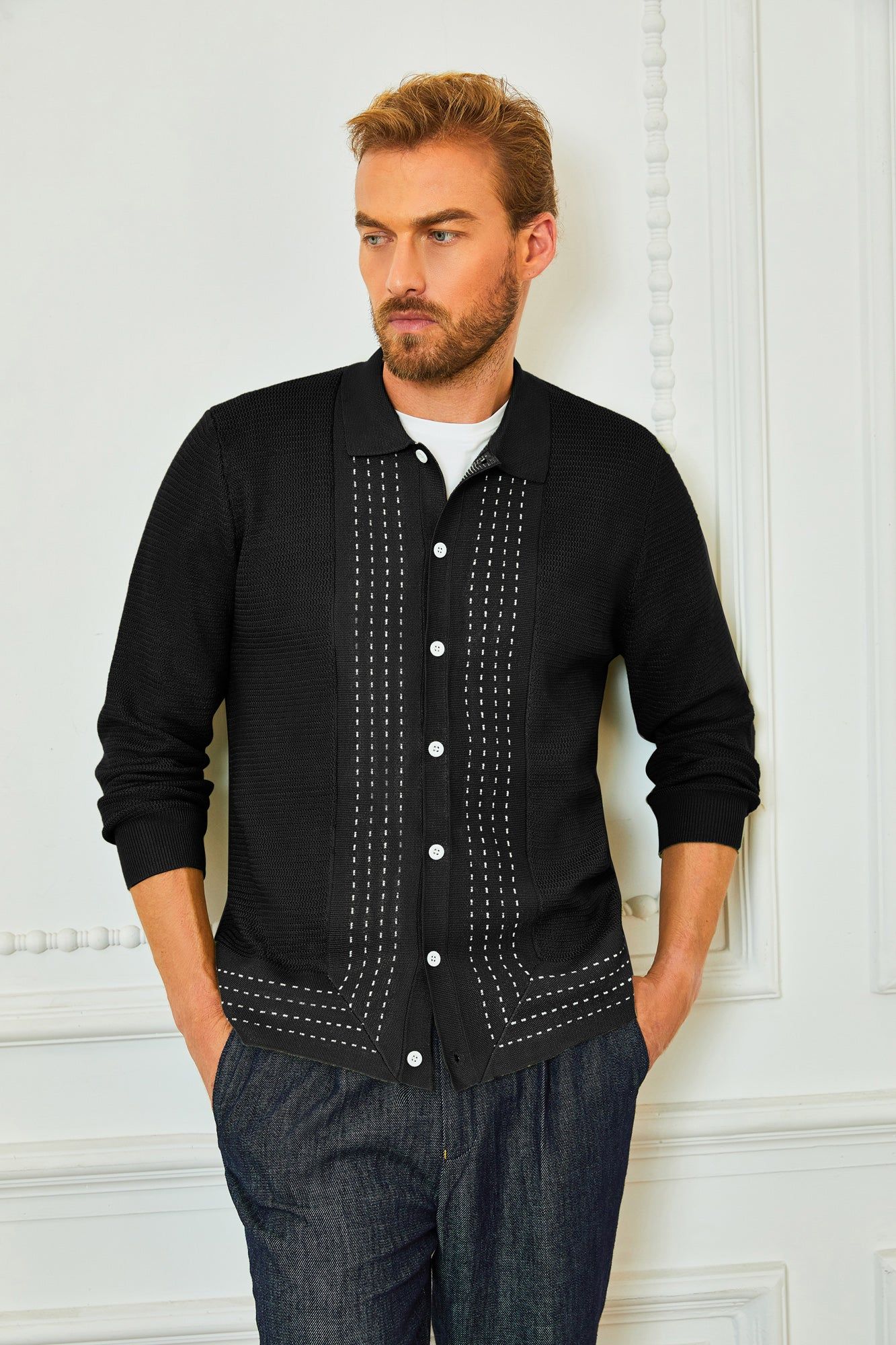 Mens Long Sleeve Button Down Knitted Cardigan Sweaters Stripe Polo Shirts sold by Paul Jones