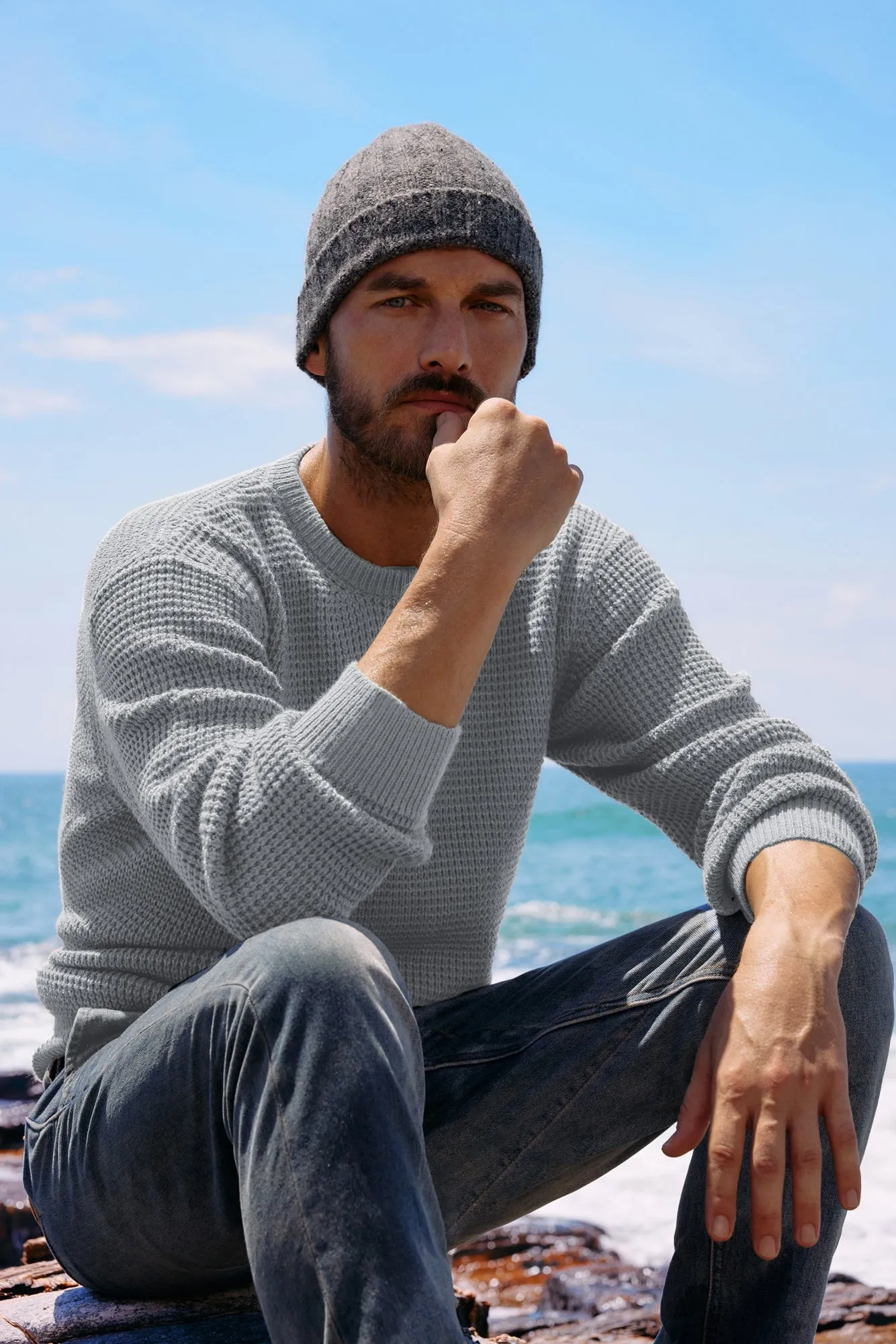 Mens Crewneck Pullover Sweaters Waffle Textured Long Sleeve Knitted Sweaters sold by Paul Jones