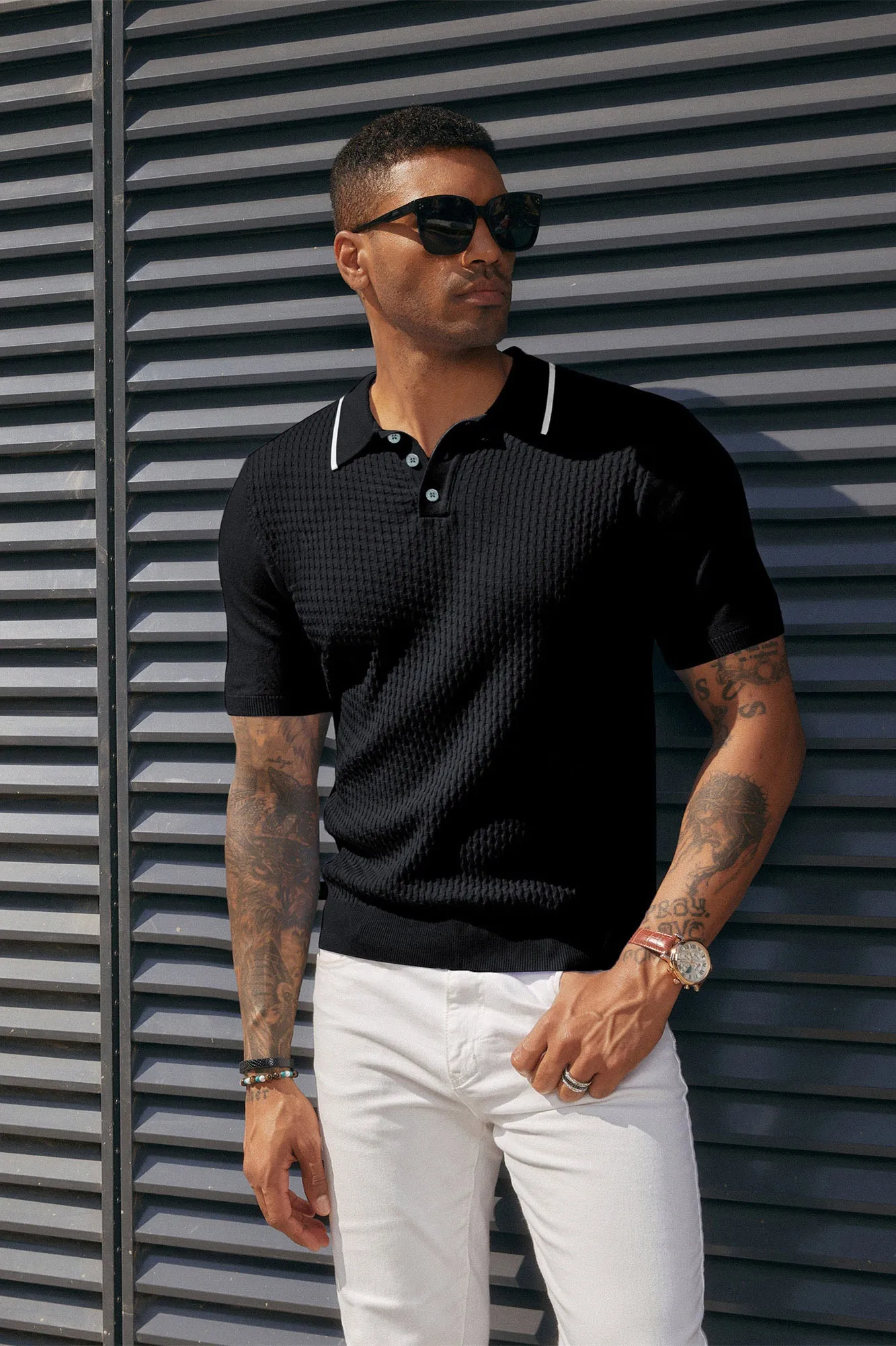 Men's Short Sleeve Knit Polo Shirts Waffle Texture Knit Shirt sold by Paul Jones product image thumbnail 4
