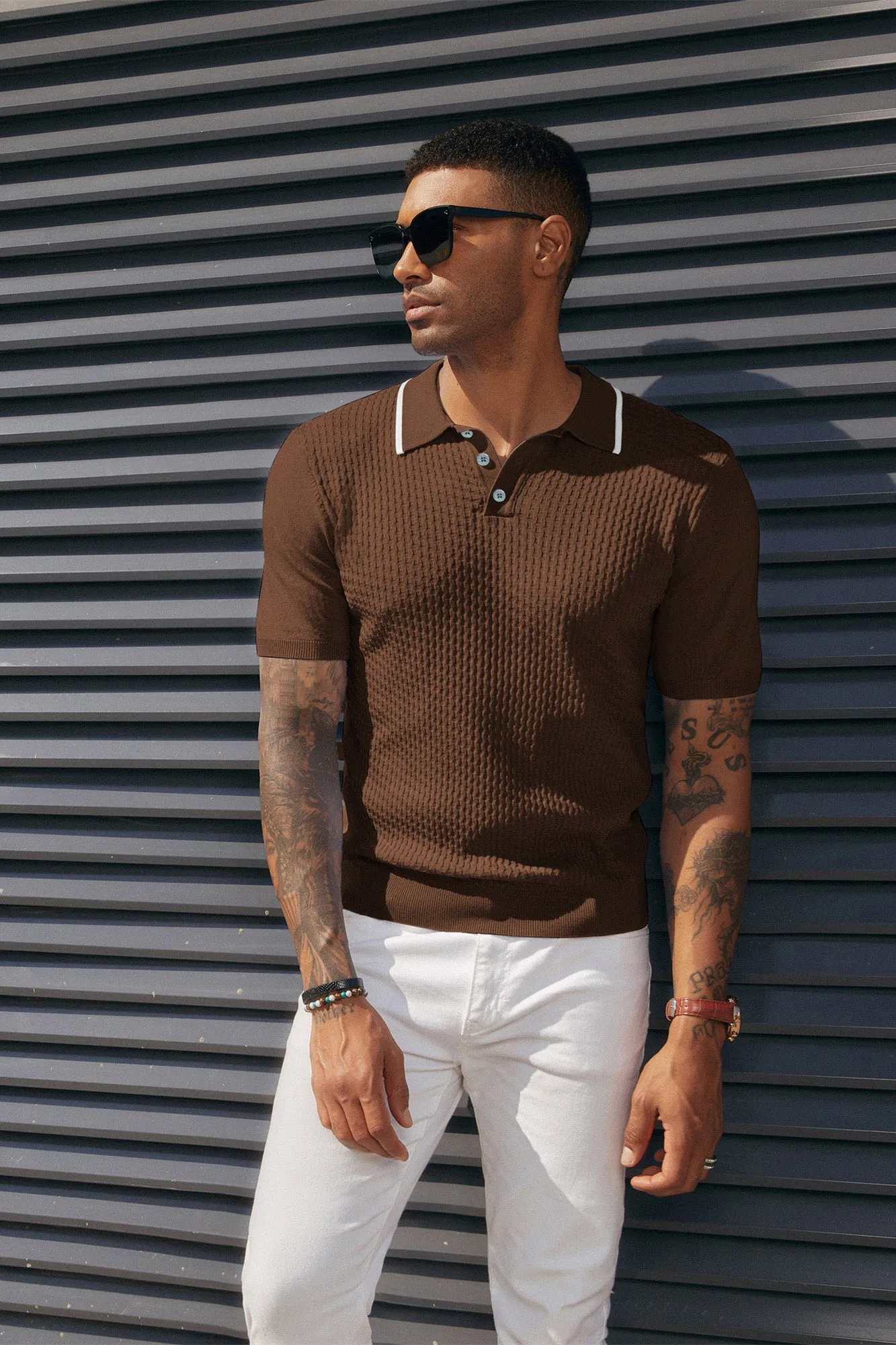 Men's Short Sleeve Knit Polo Shirts Waffle Texture Knit Shirt sold by Paul Jones product image thumbnail 2