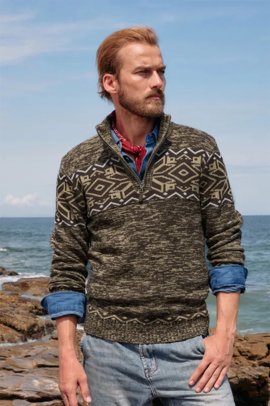 Men's Sweater Mock Neck Sweater Fair Isle Pattern Pullover Sweater Brown sold by Paul Jones