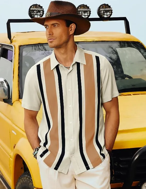 Mens Striped Short Sleeve Button Down Hawaii Shirts Vintage Bowling Shirts sold by Paul Jones