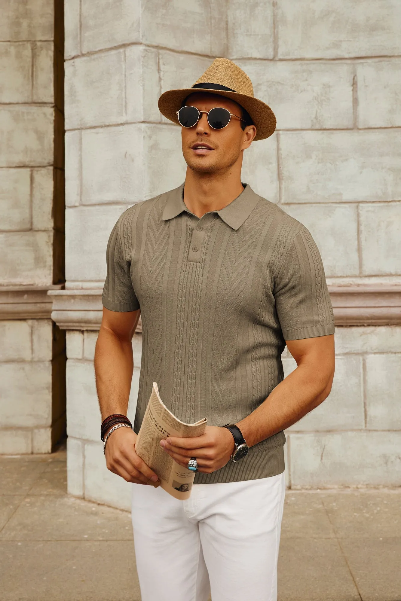 Paul Jones Mens Knitted Polo Shirt Short Sleeve Knit Texture Pullover Shirt Men Knitting Golf T Shirts sold by Paul Jones