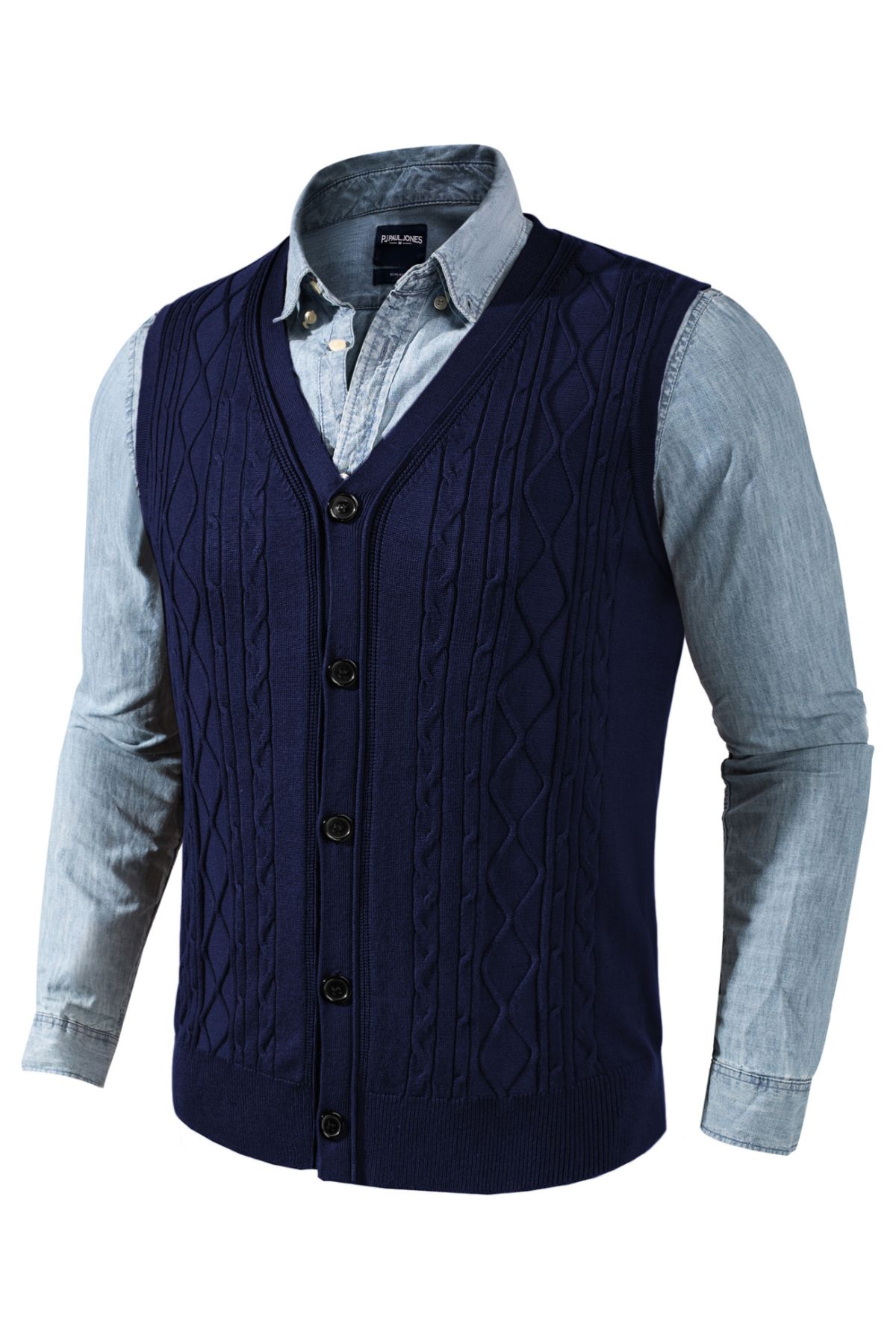 Mens V-Neck Sweater Vest Cable Knitted Button-Up Sleeveless Cardigan Vest sold by Paul Jones product image thumbnail 3