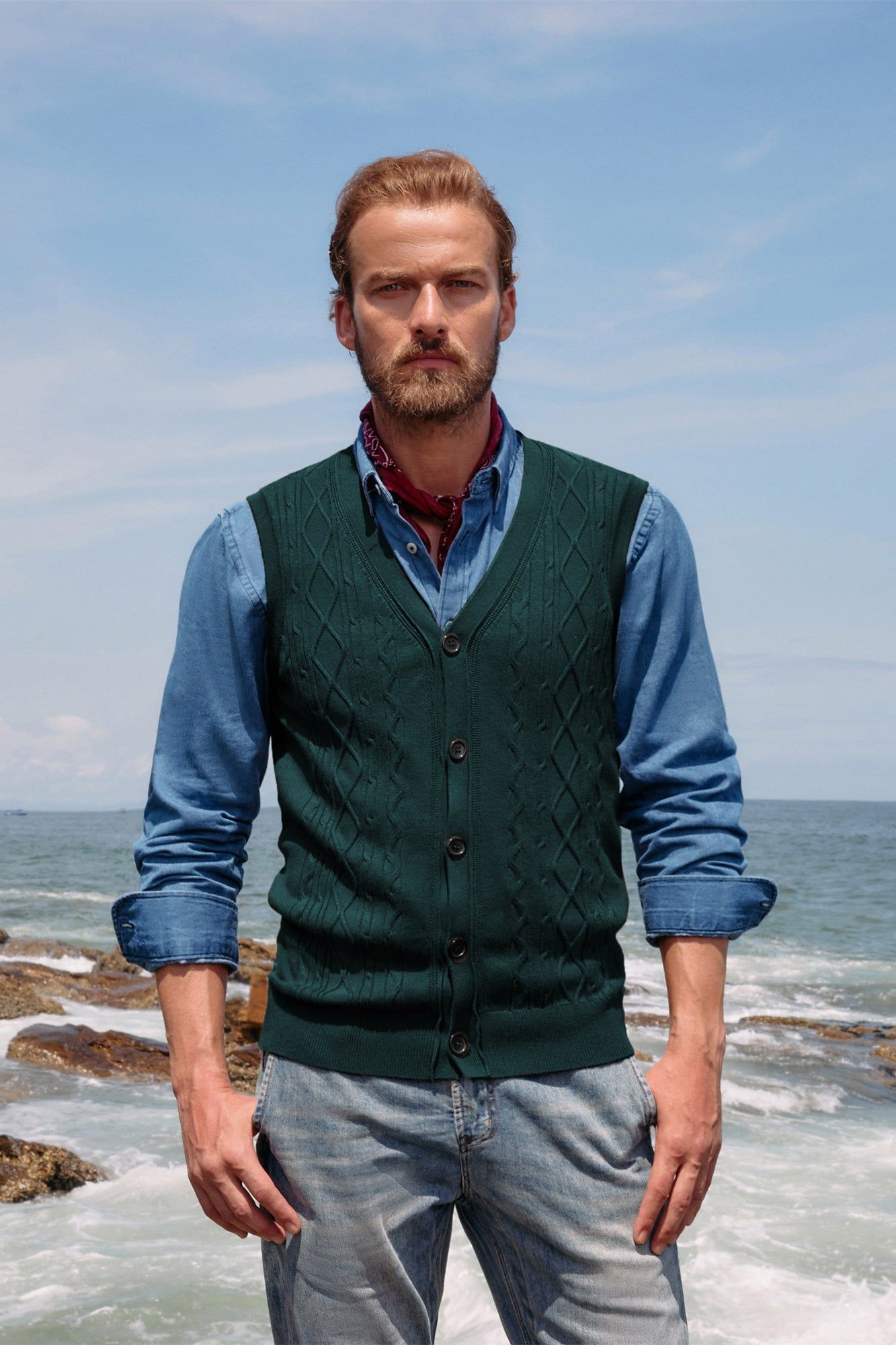 Mens V-Neck Sweater Vest Cable Knitted Button-Up Sleeveless Cardigan Vest sold by Paul Jones