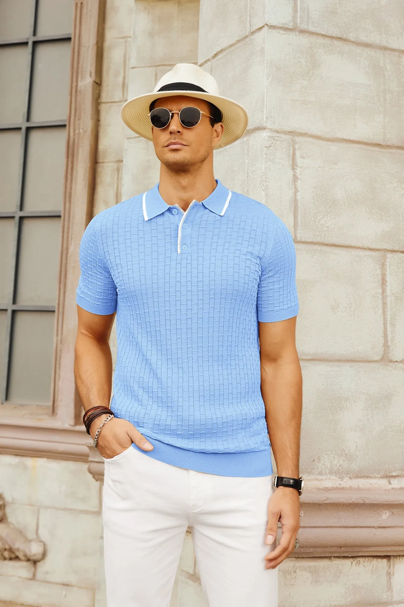 Paul Jones Mens Knitted Polo Shirts Short Sleeve Texture Golf Polo Pullover Shirt Casual Breathable Polo Shirts sold by Paul Jones