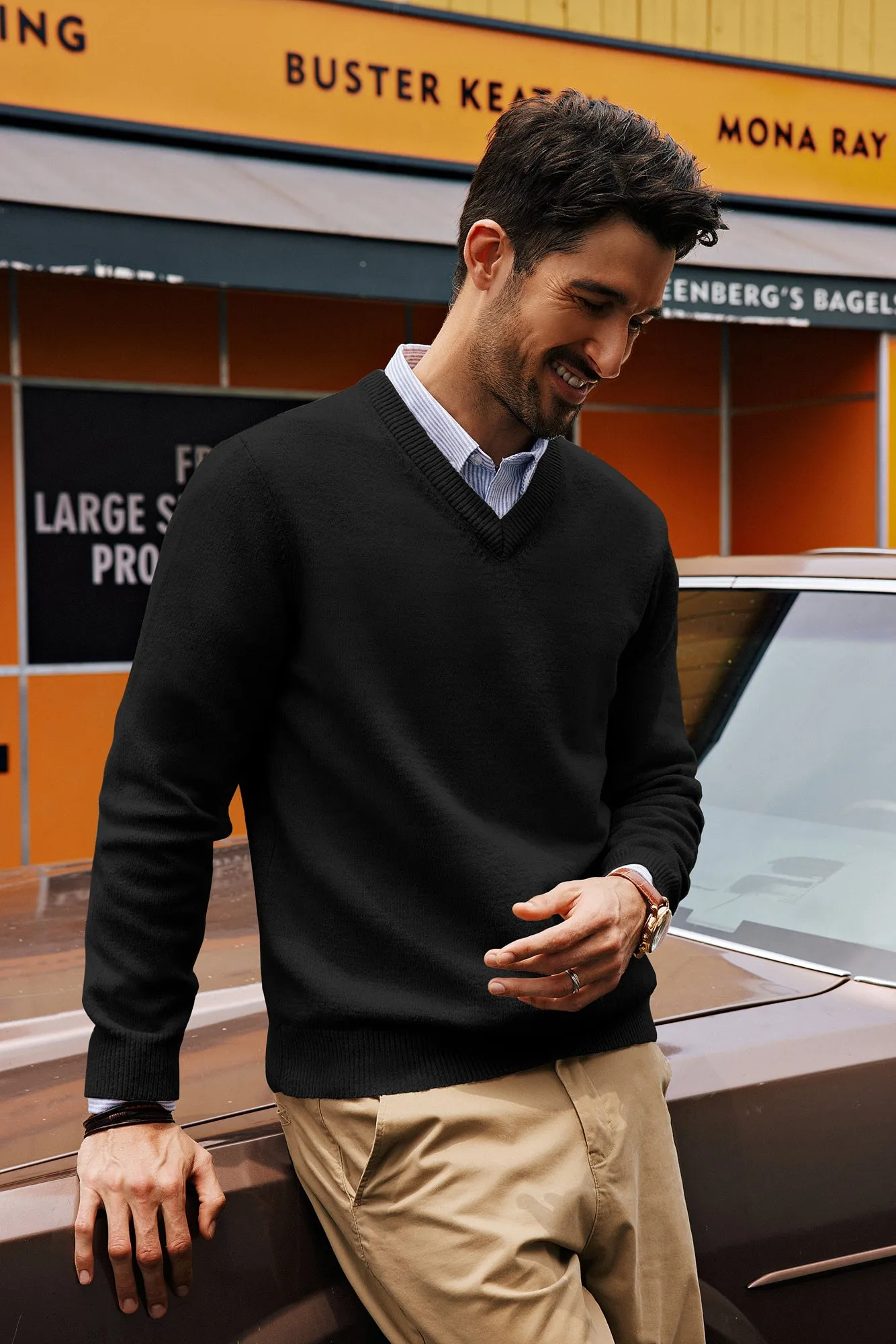 Men Stylish Sweater Long Sleeve V-Neck Ribbed Cuff Pullover Jumper sold by Paul Jones