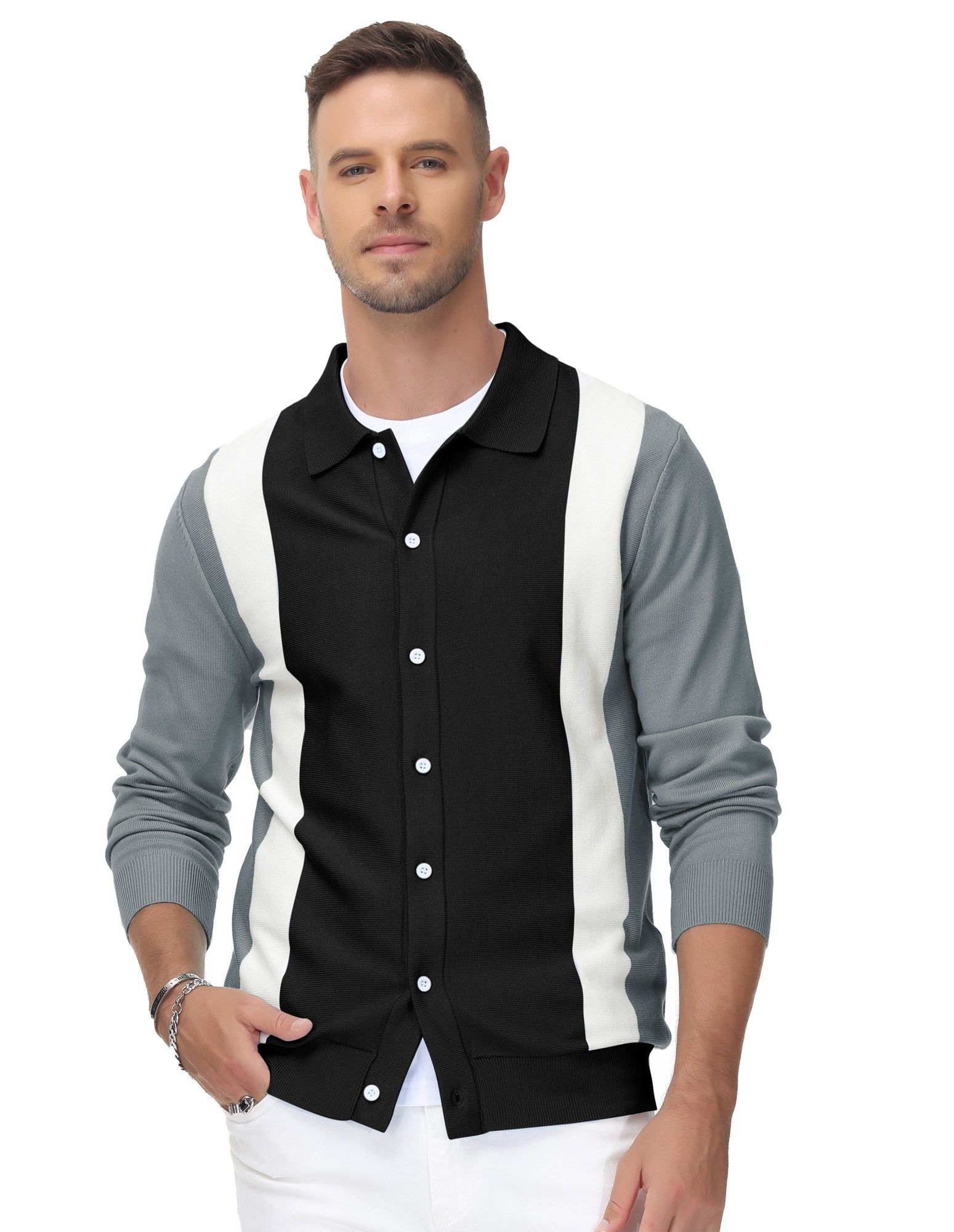 Men's Contrast Stripes Cardigan Sweater Button Down Knit Polo Knitwear sold by Paul Jones