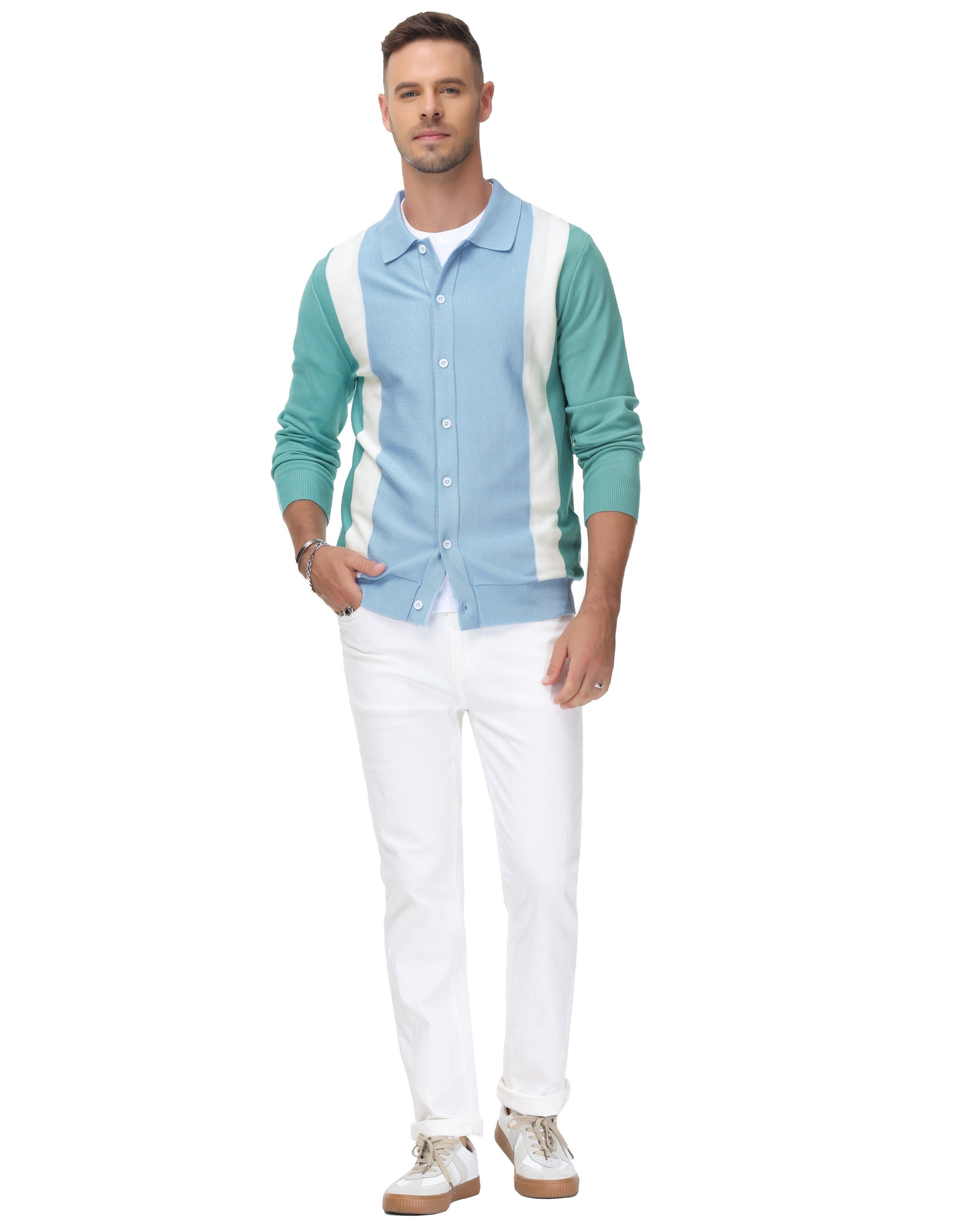 Men's Contrast Stripes Cardigan Sweater Button Down Knit Polo Knitwear sold by Paul Jones product image thumbnail 5