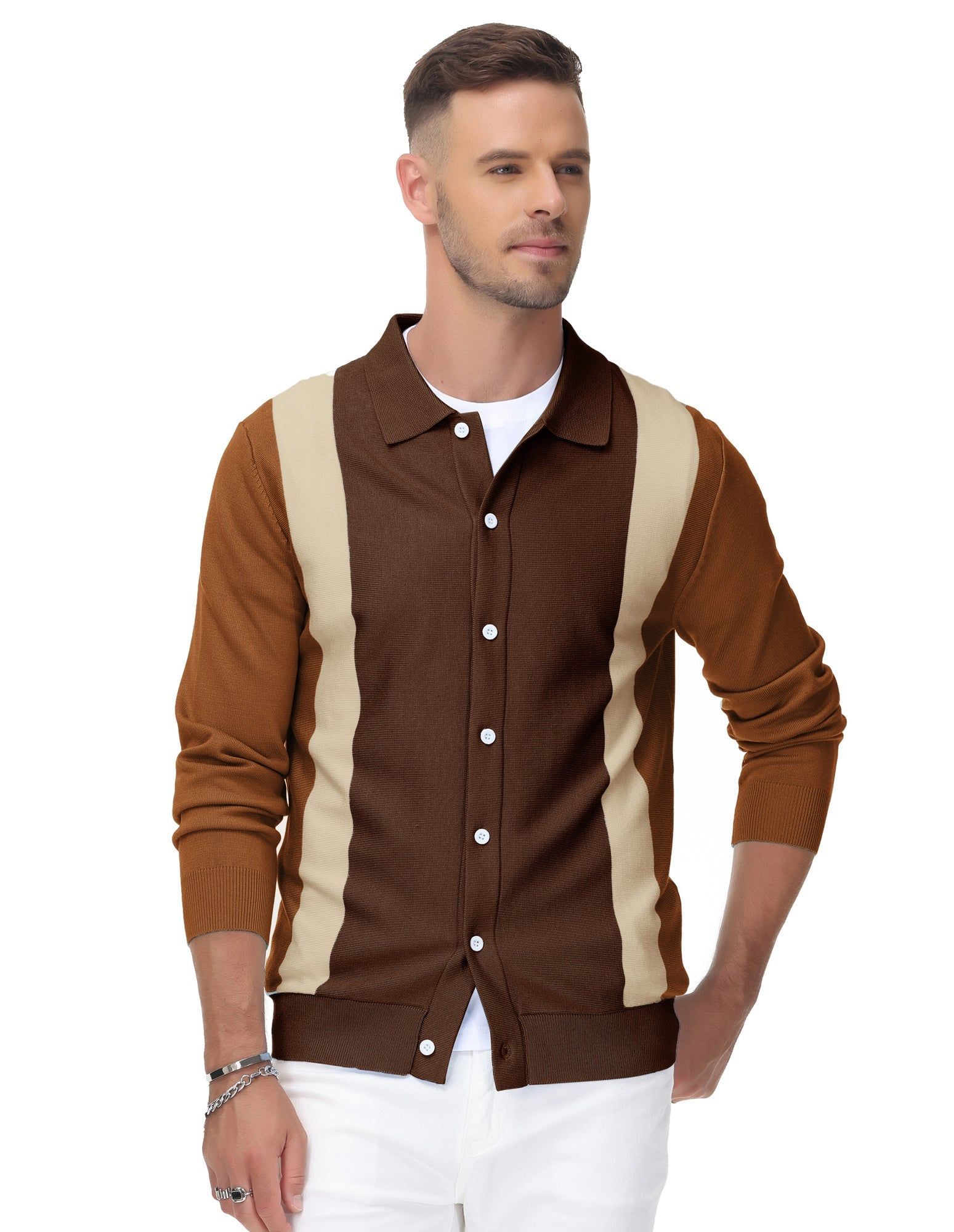 Men's Contrast Stripes Cardigan Sweater Button Down Knit Polo Knitwear sold by Paul Jones product image thumbnail 2