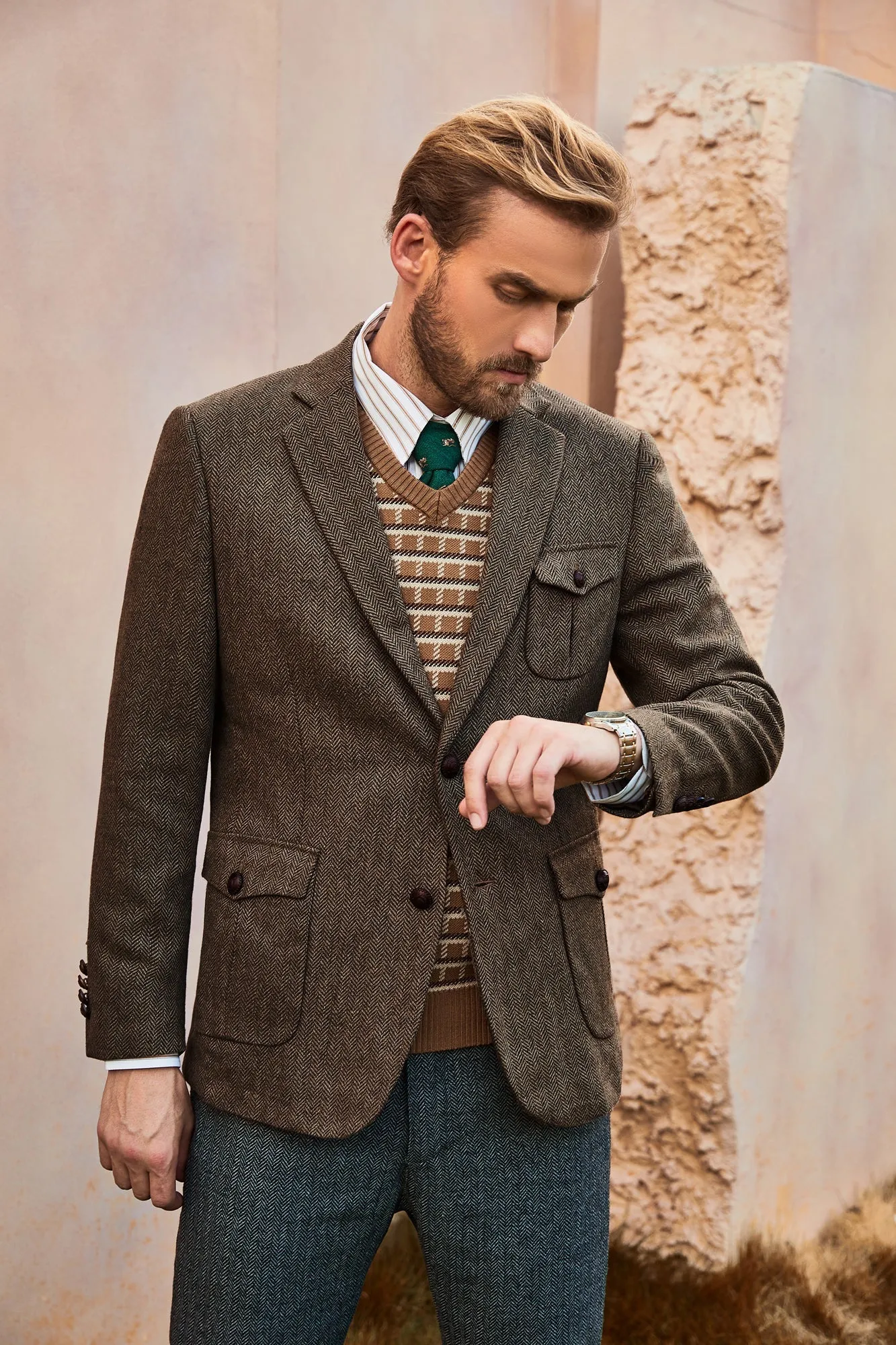 Men Herring Bone Textured Blazer Coat Notch Lapel Two Buttons Casual Coat sold by Paul Jones product image thumbnail 2