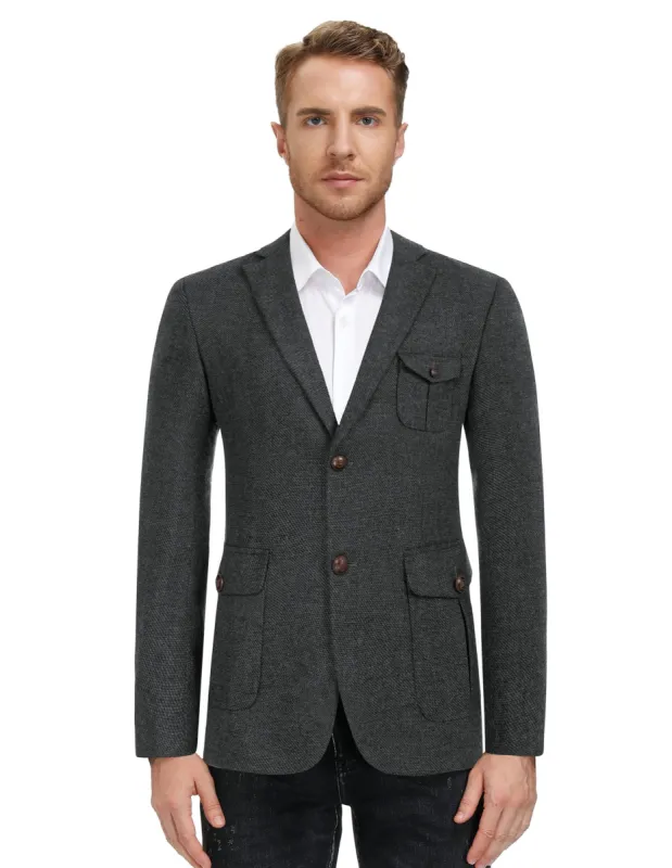 Men Herring Bone Textured Blazer Coat Notch Lapel Two Buttons Casual Coat sold by Paul Jones
