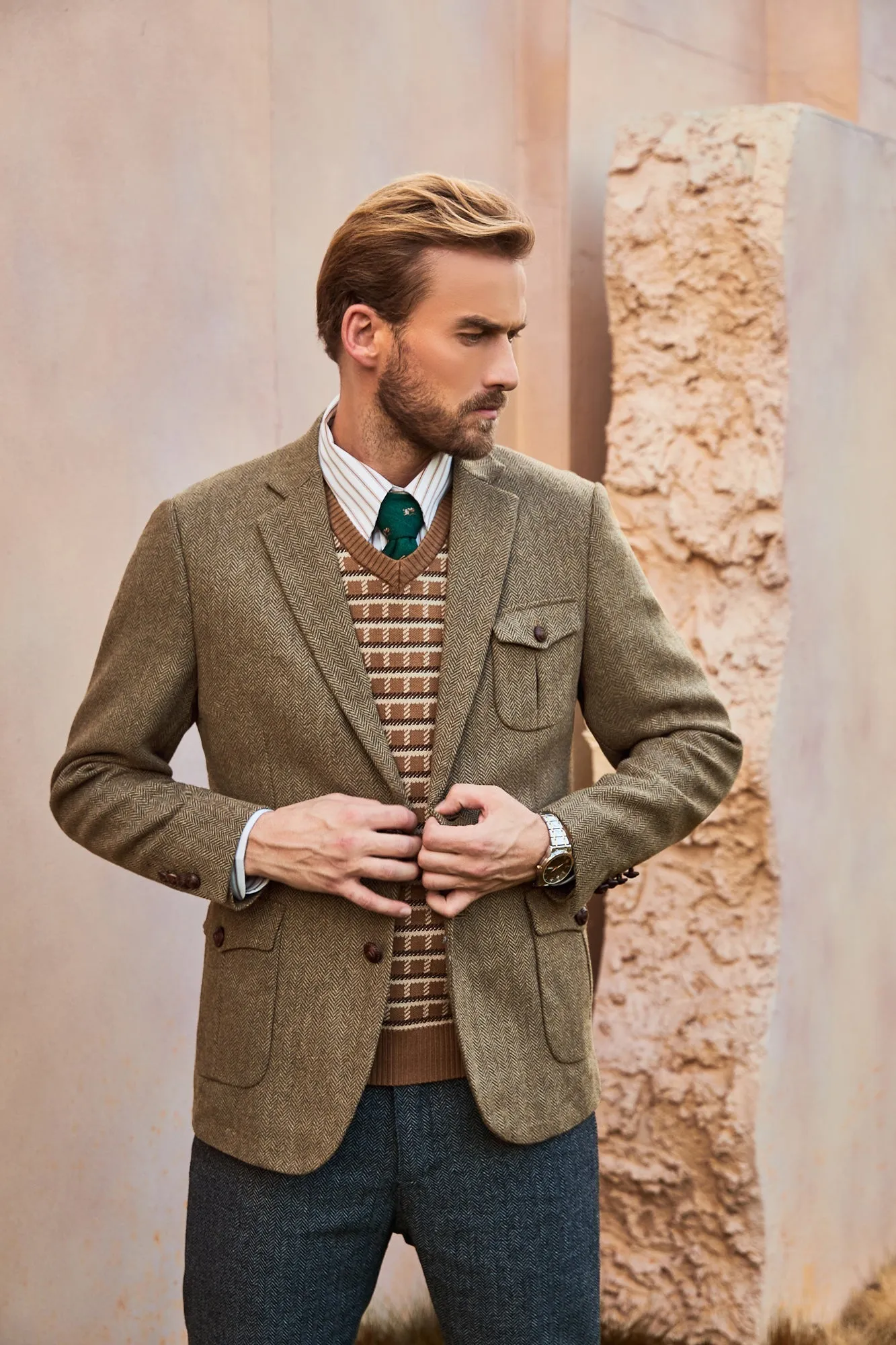 Men Herring Bone Textured Blazer Coat Notch Lapel Two Buttons Casual Coat sold by Paul Jones product image thumbnail 5
