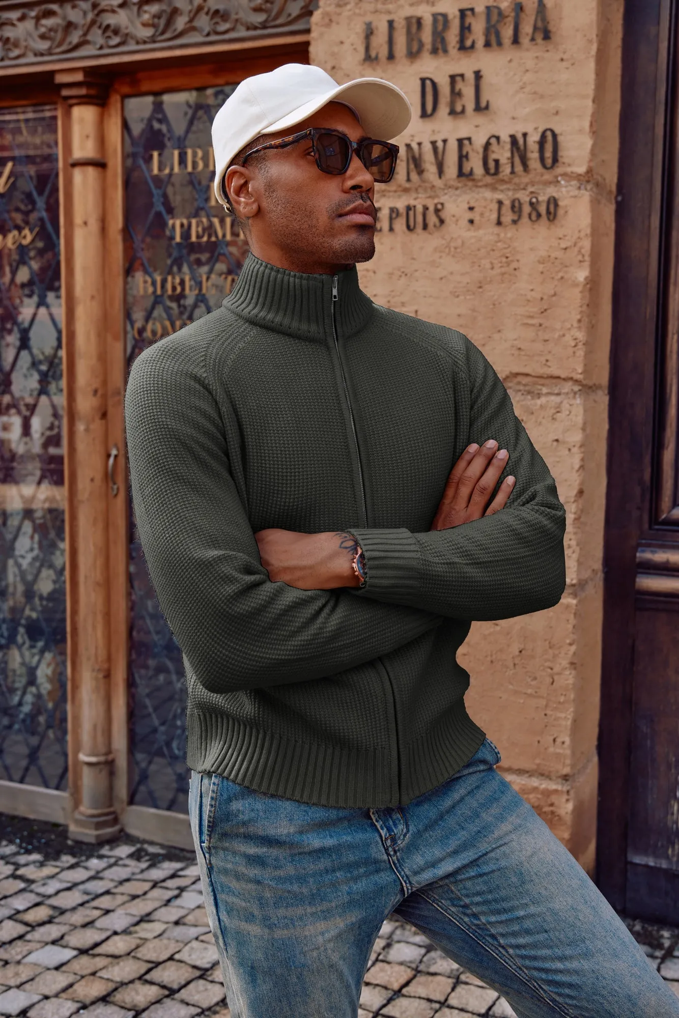 Mens Full Zip Cardigan Sweater Slim Fit Stand Collar Zip Up Sweaters sold by Paul Jones