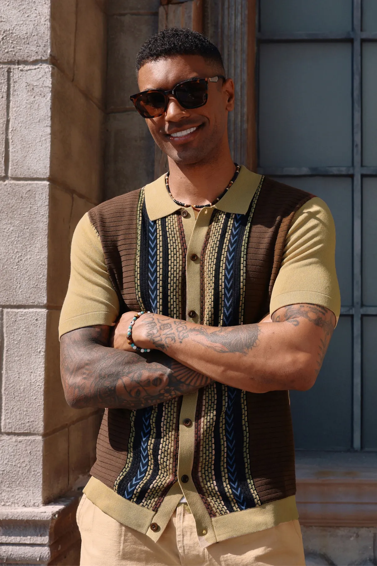 Mens Vintage Polo Shirts Contrast Stripe Retro Short Sleeve Knit Button Down Polo Cardigan Shirt sold by Paul Jones