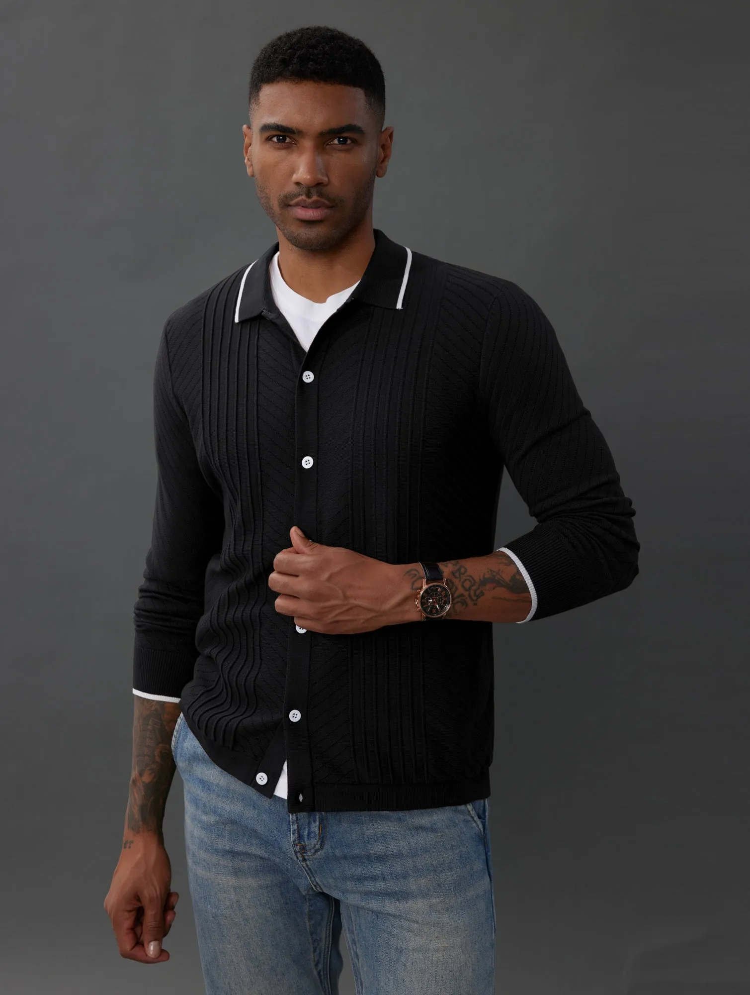 PJ Paul Jones Mens Button Down Cardigan Sweaters Cable Knit Polo Collar Knitwears sold by Paul Jones product image thumbnail 4