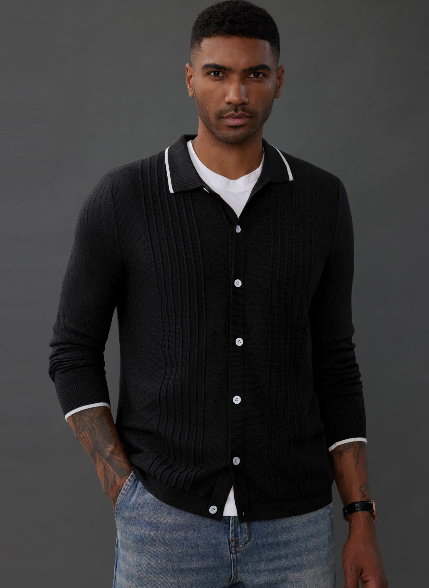 PJ Paul Jones Mens Button Down Cardigan Sweaters Cable Knit Polo Collar Knitwears sold by Paul Jones product image thumbnail 5