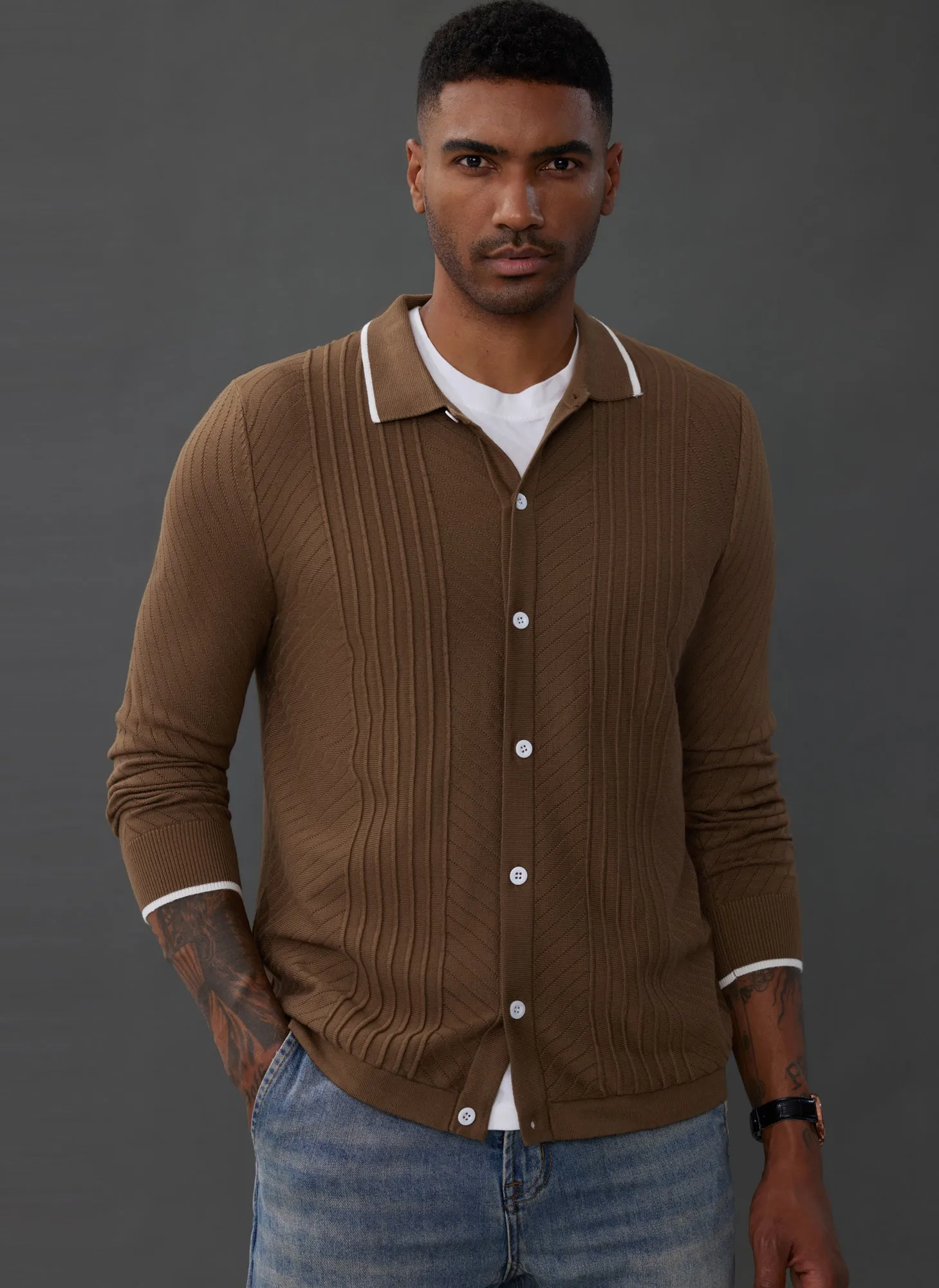 PJ Paul Jones Mens Button Down Cardigan Sweaters Cable Knit Polo Collar Knitwears sold by Paul Jones