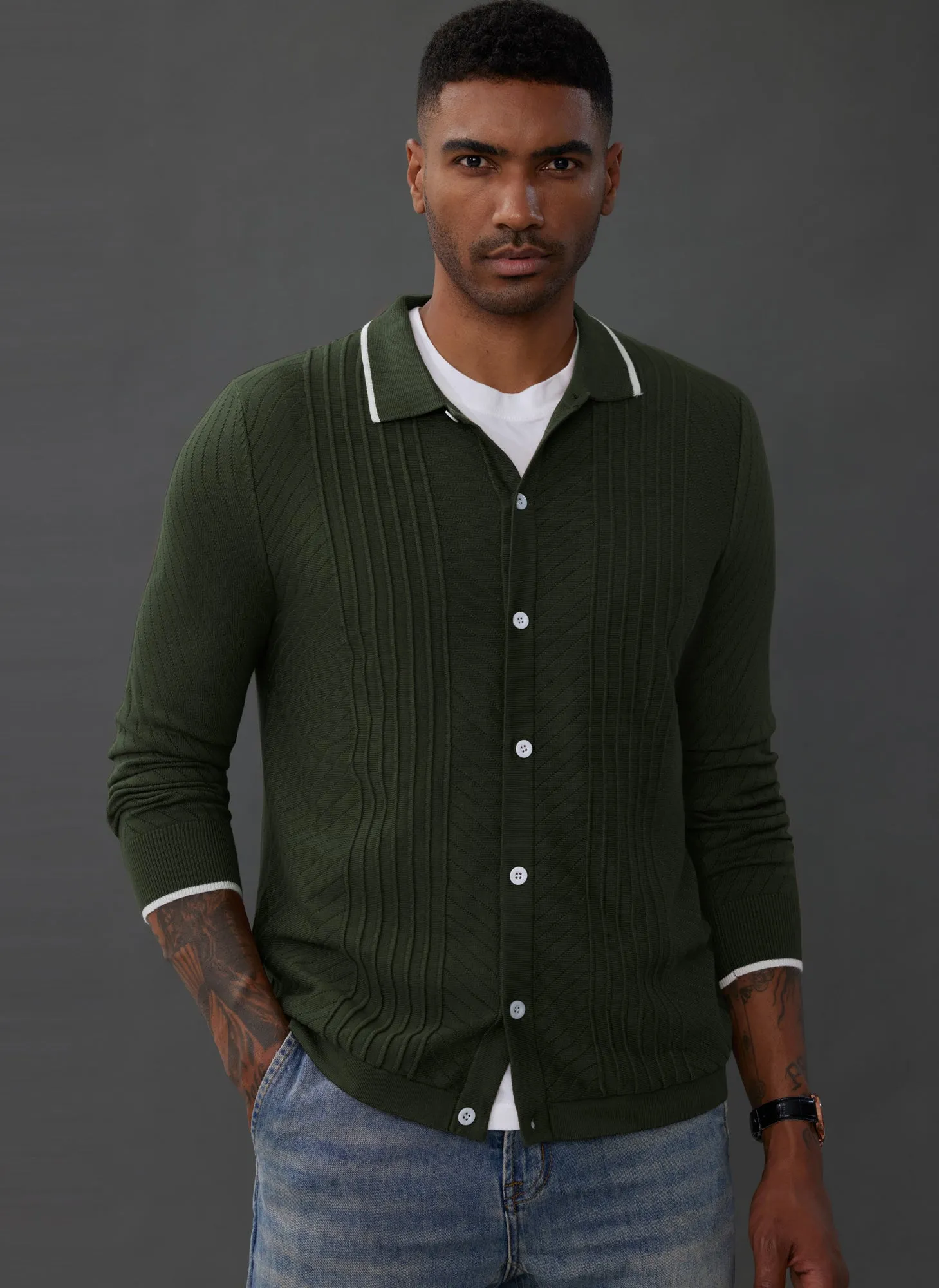 PJ Paul Jones Mens Button Down Cardigan Sweaters Cable Knit Polo Collar Knitwears sold by Paul Jones product image thumbnail 2