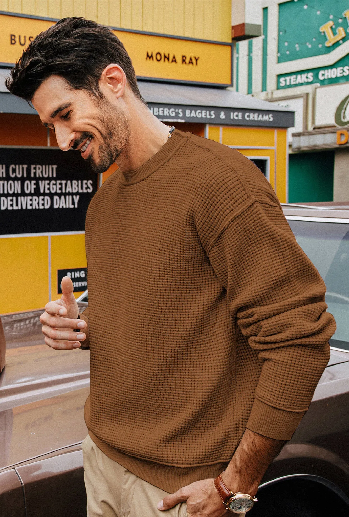 Men Waffle Textured Sweater Long Sleeve Crew Neck Dropped Shoulder Pullover sold by Paul Jones product image thumbnail 2