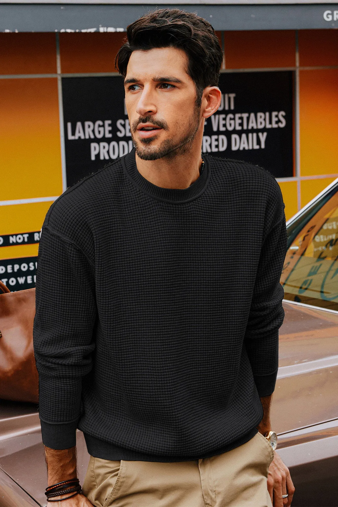 Men Waffle Textured Sweater Long Sleeve Crew Neck Dropped Shoulder Pullover sold by Paul Jones