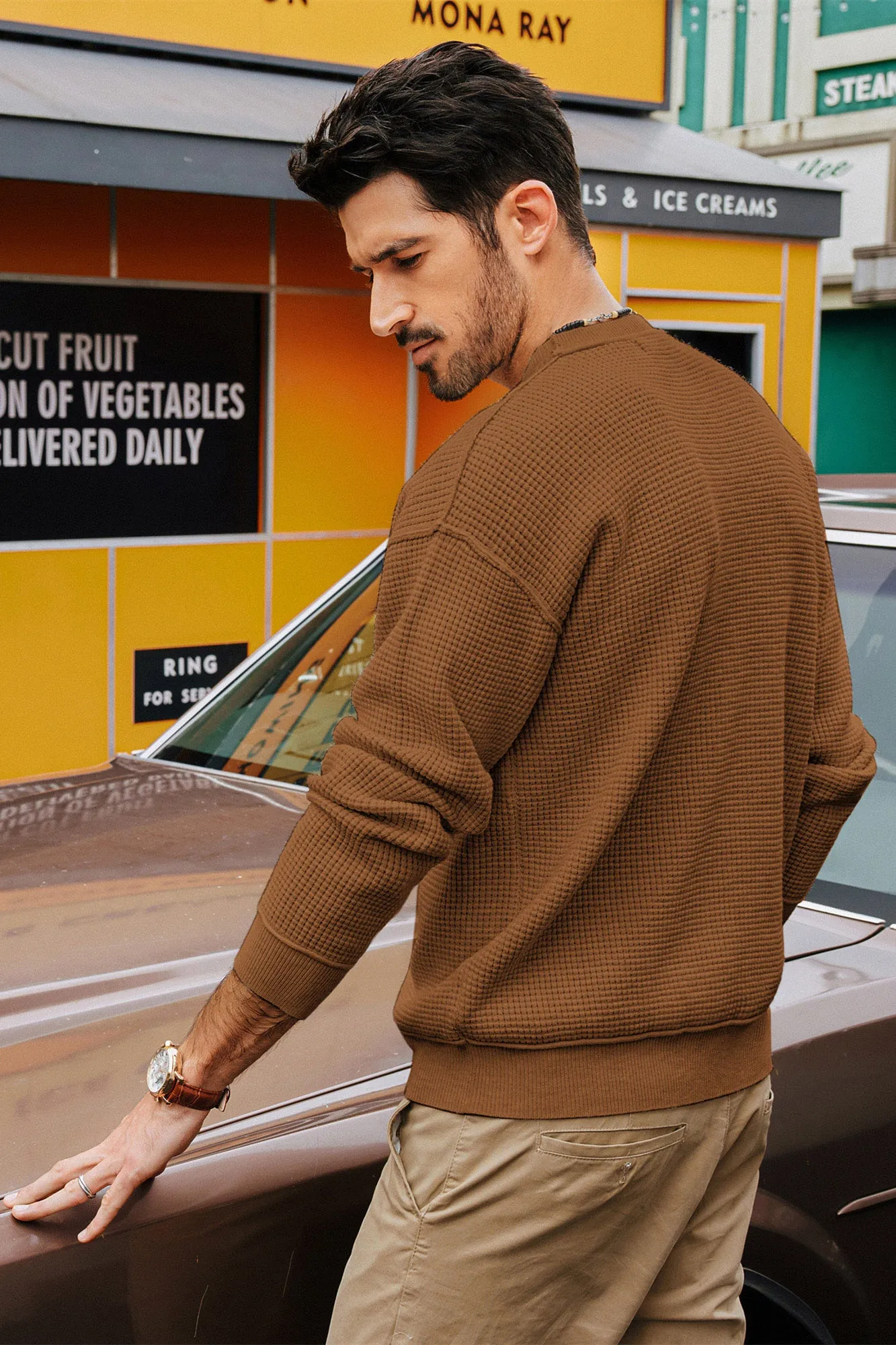 Men Waffle Textured Sweater Long Sleeve Crew Neck Dropped Shoulder Pullover sold by Paul Jones product image thumbnail 5