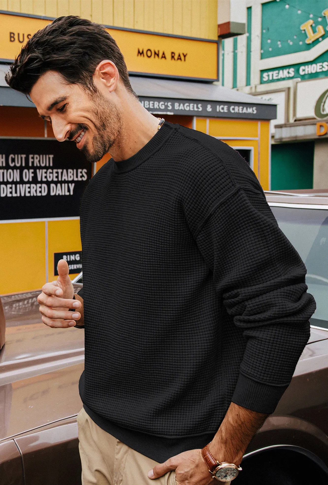 Men Waffle Textured Sweater Long Sleeve Crew Neck Dropped Shoulder Pullover sold by Paul Jones product image thumbnail 4